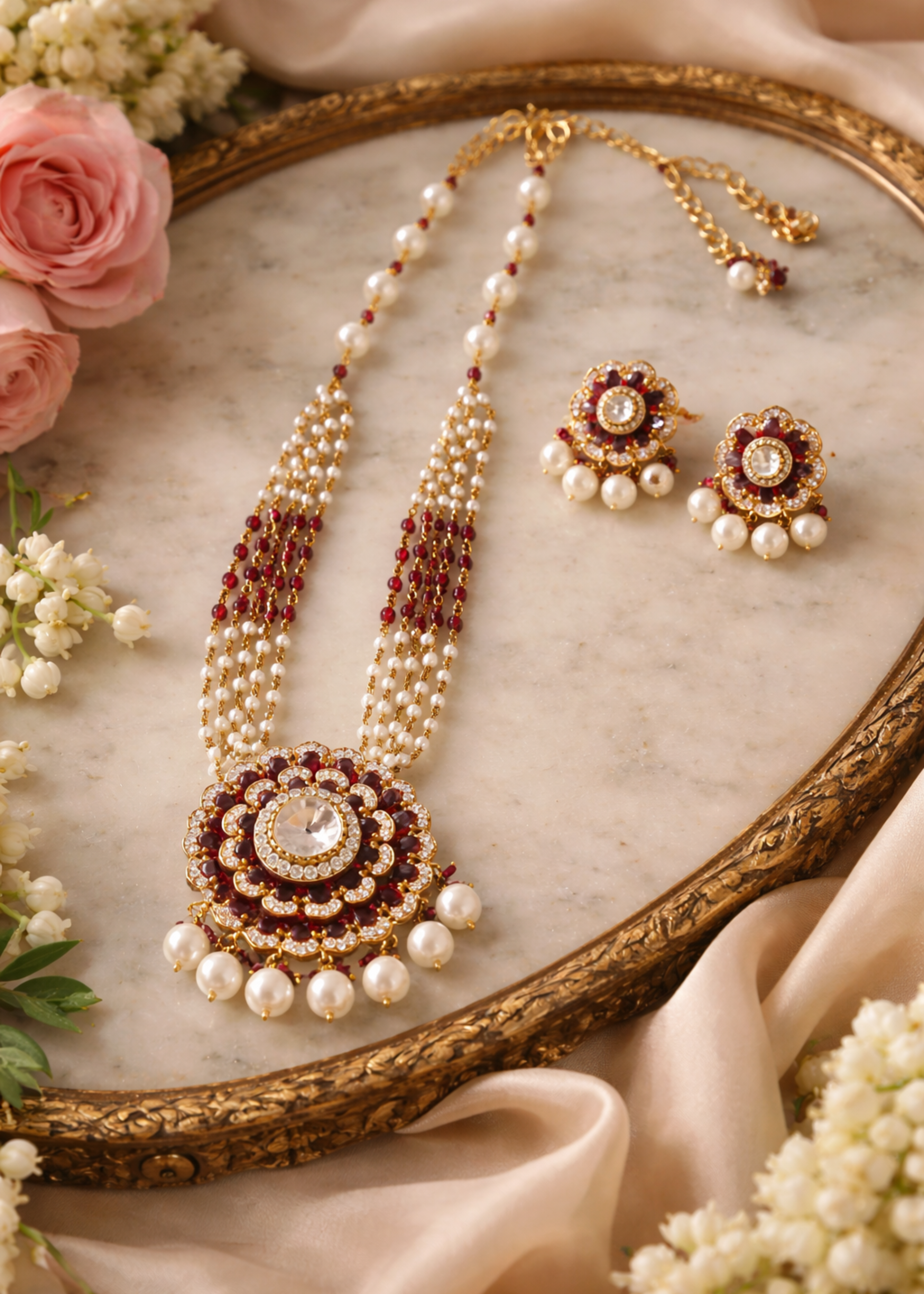 Pearl necklace and earrings with floral decorations on a decorative plate