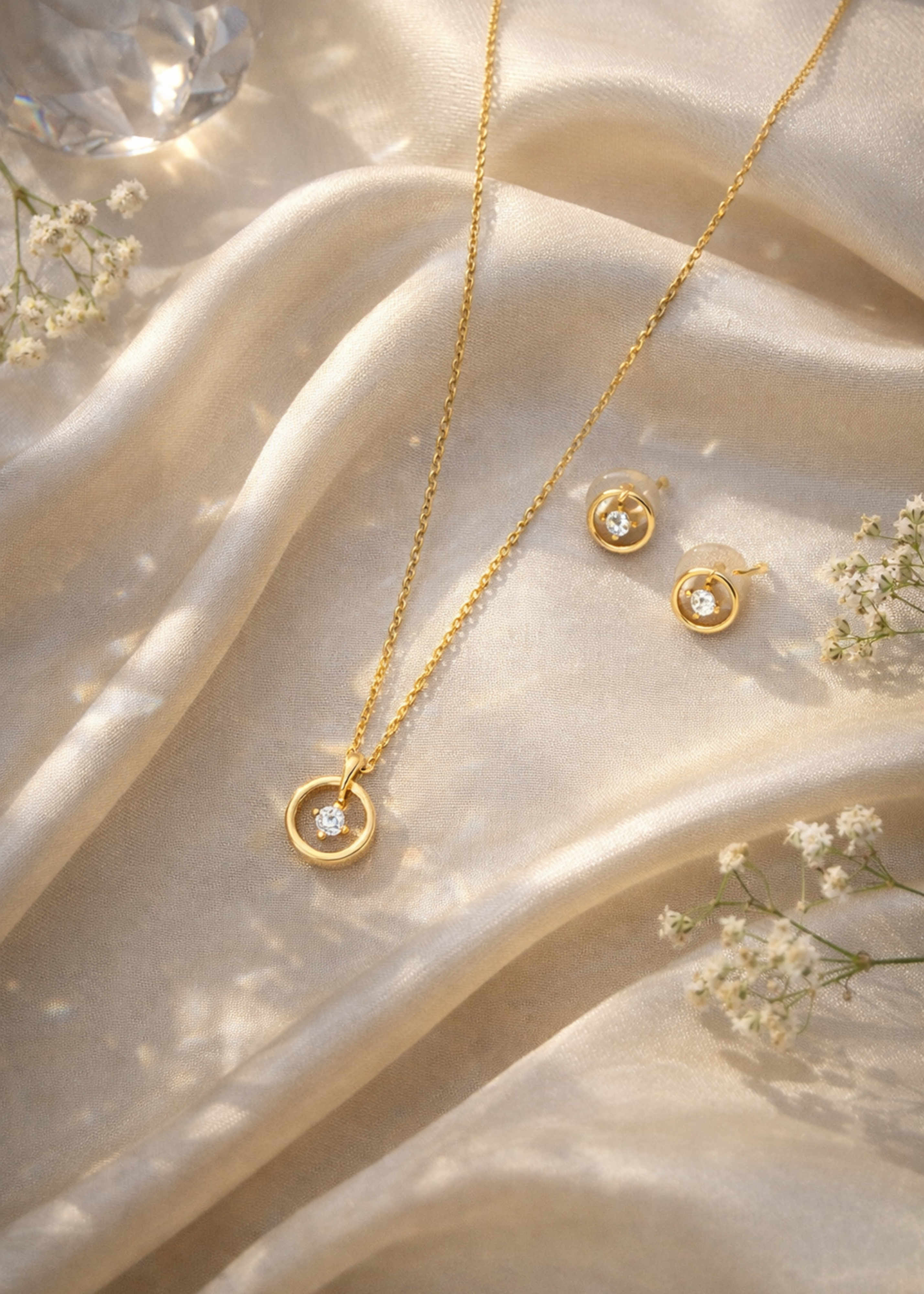 Gold necklace and earrings on a soft beige fabric background with small white flowers.