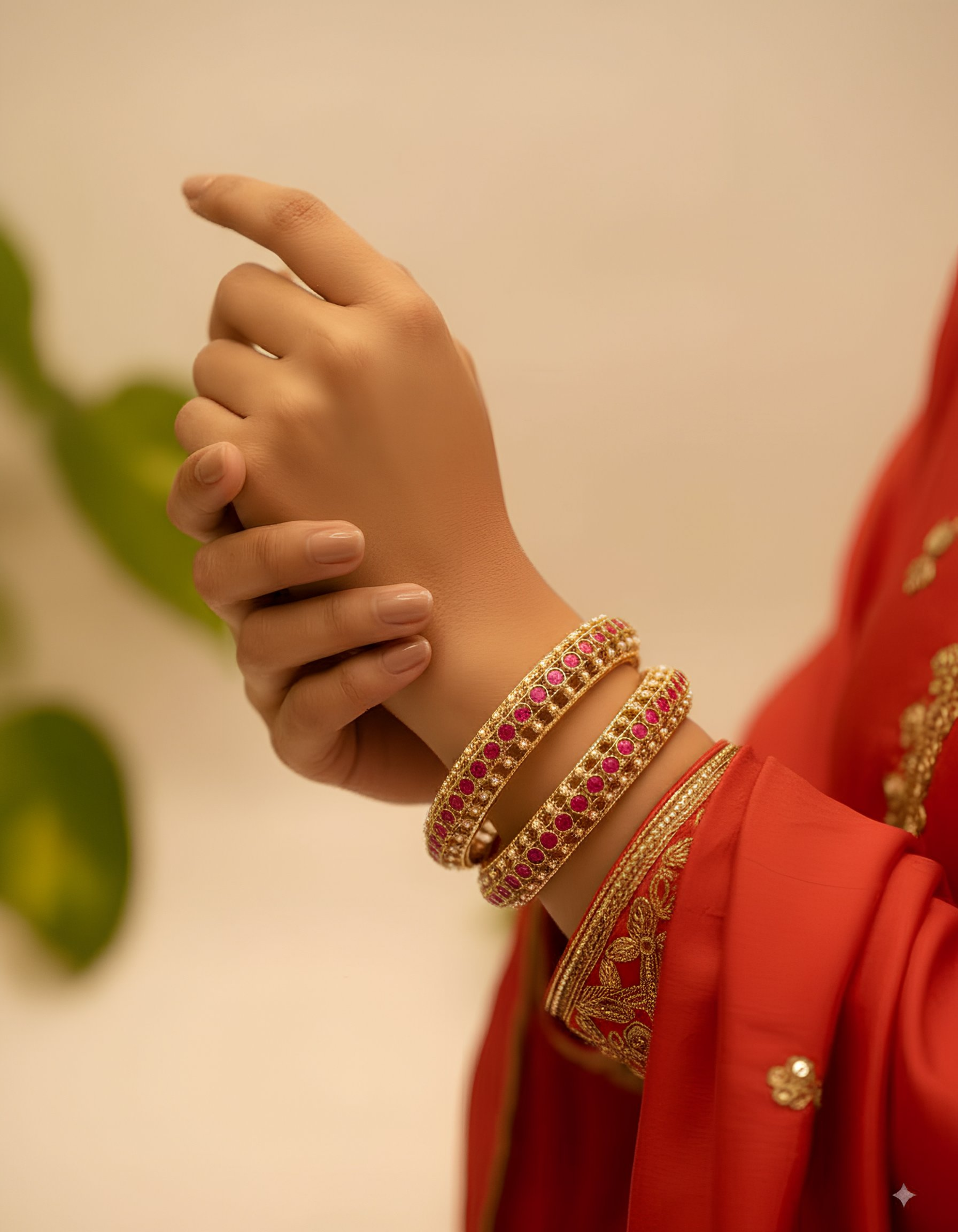 Hand wearing gold and red bangles with a red garment in the background