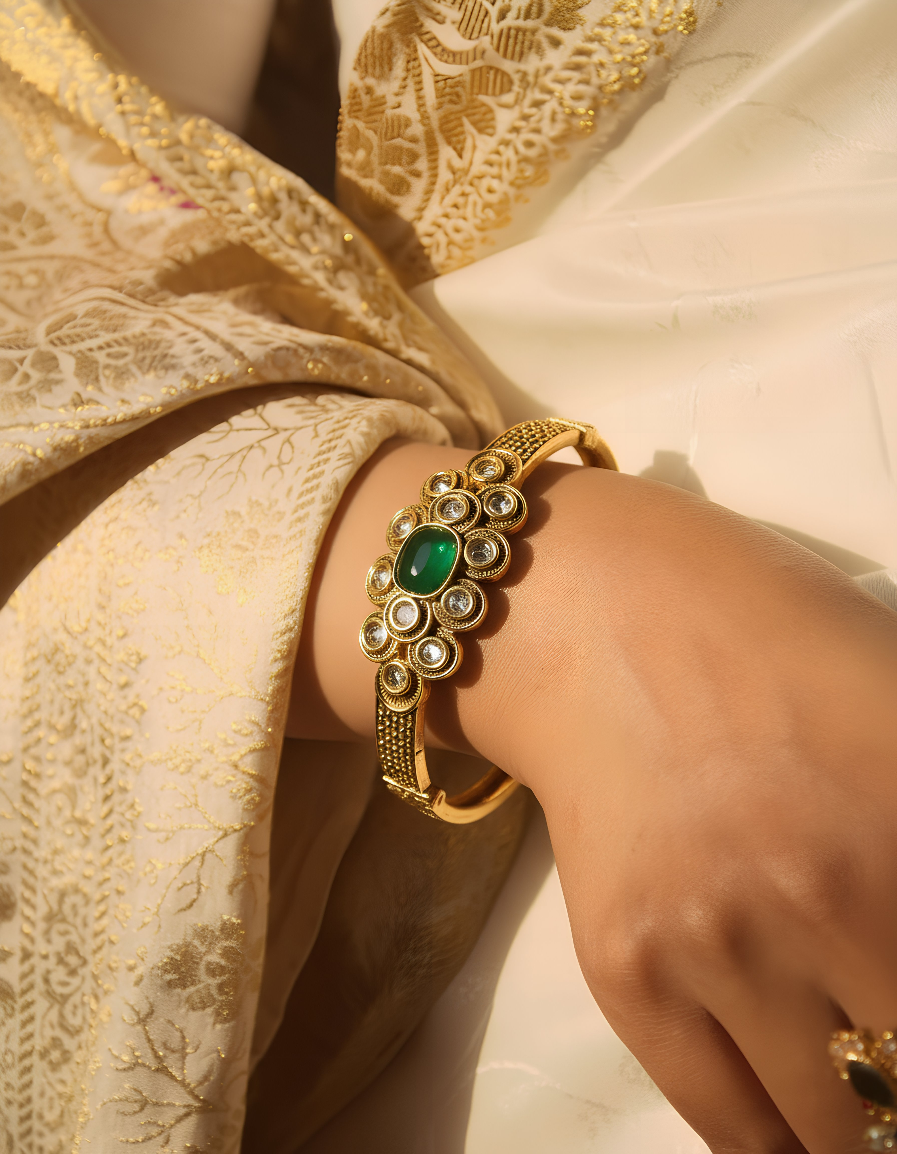 Gold bracelet with green gemstone on a person wearing a gold saree.
