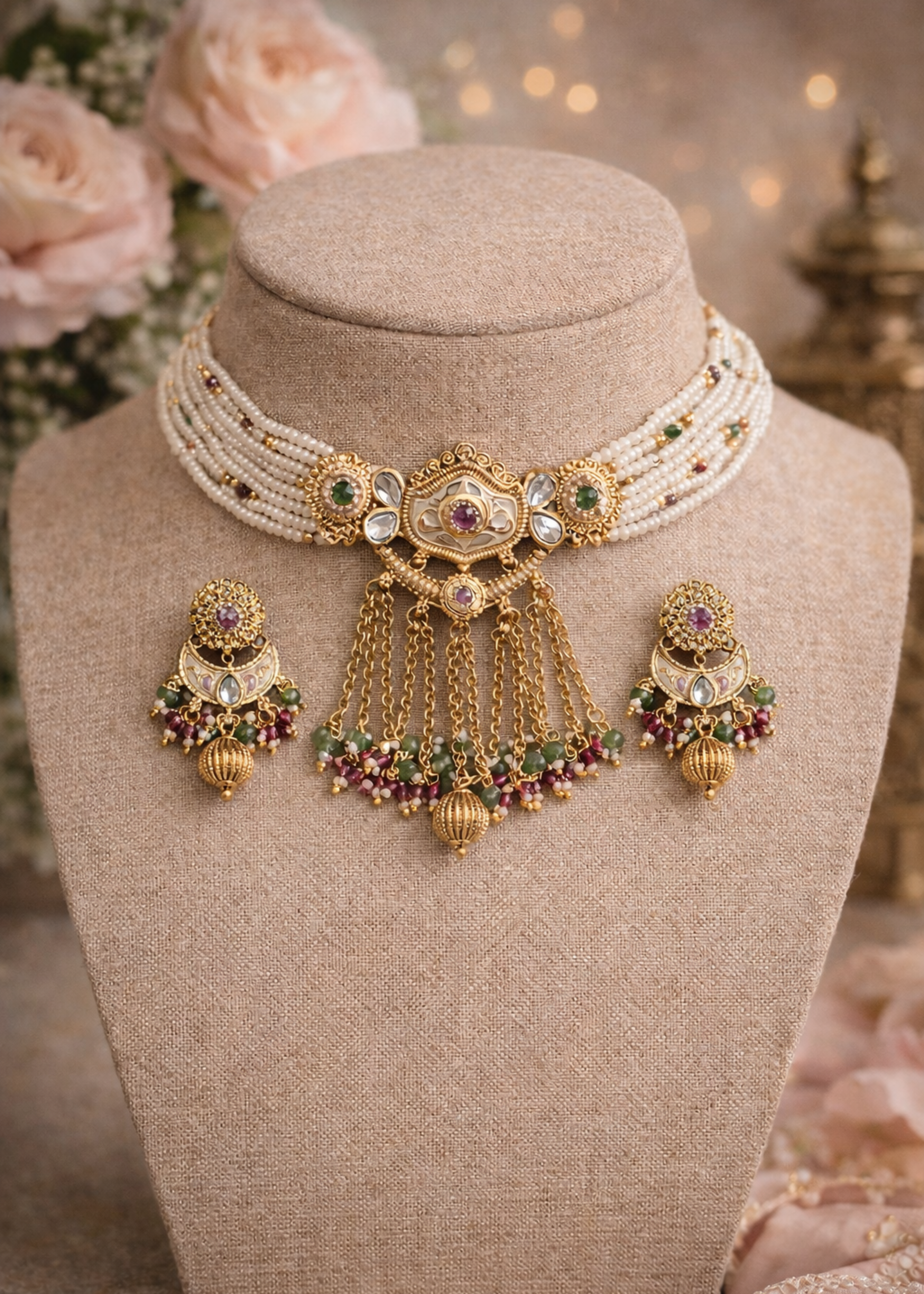 Ornate gold necklace with green and red stones on a mannequin bust, with soft pink flowers in the background.