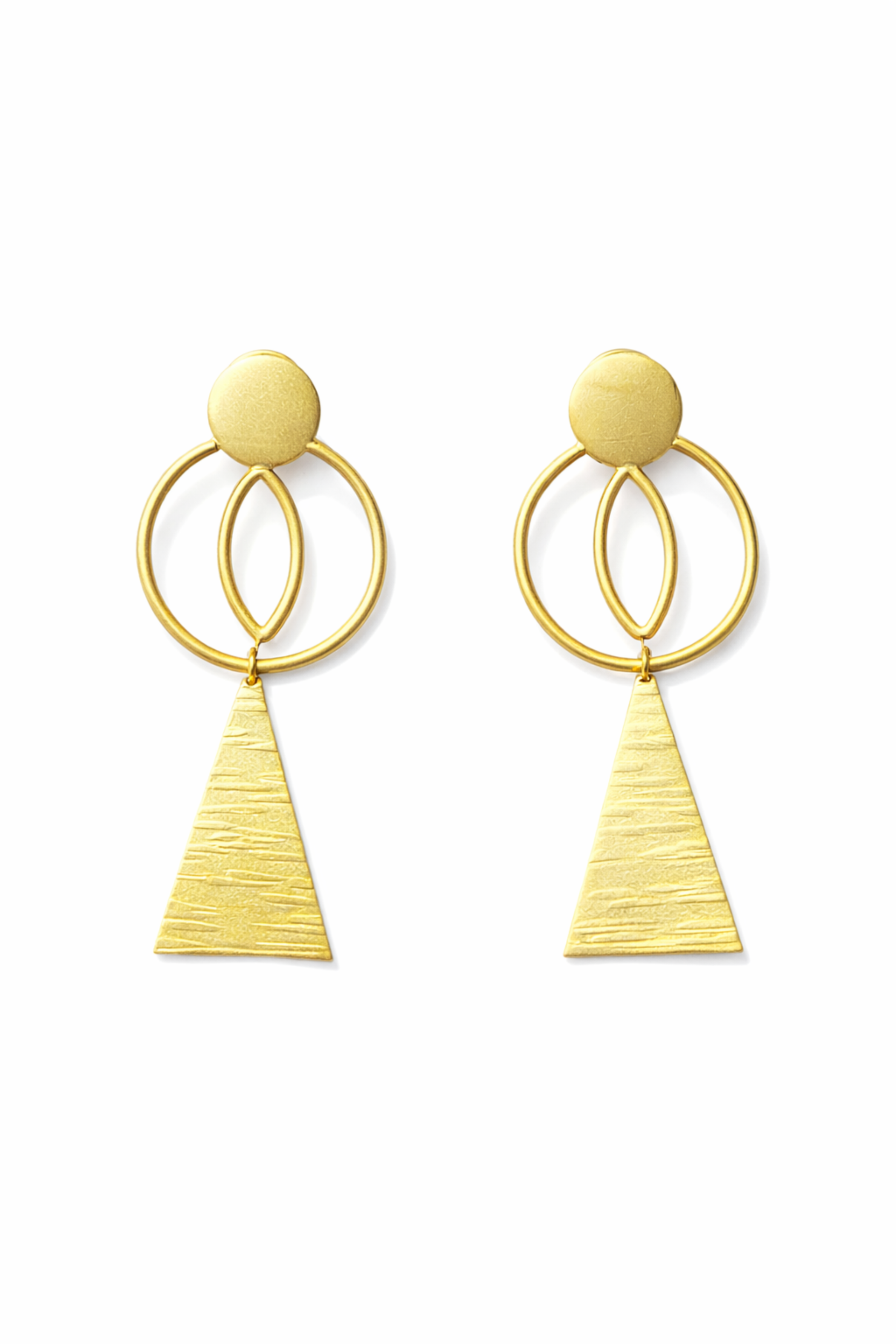 Pair of gold earrings with circular and triangular designs on a white background