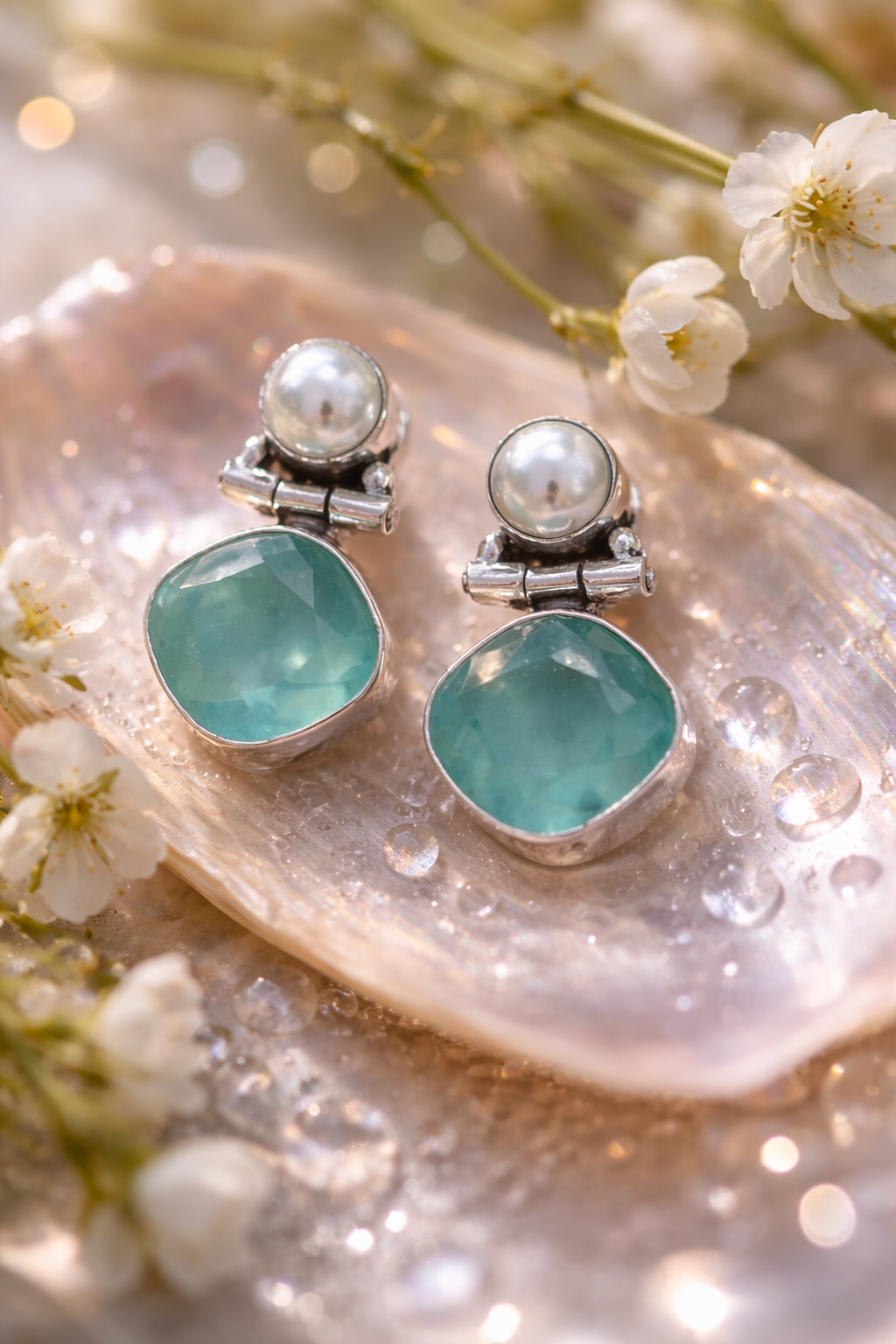 Aqua Pearl Drop Earrings