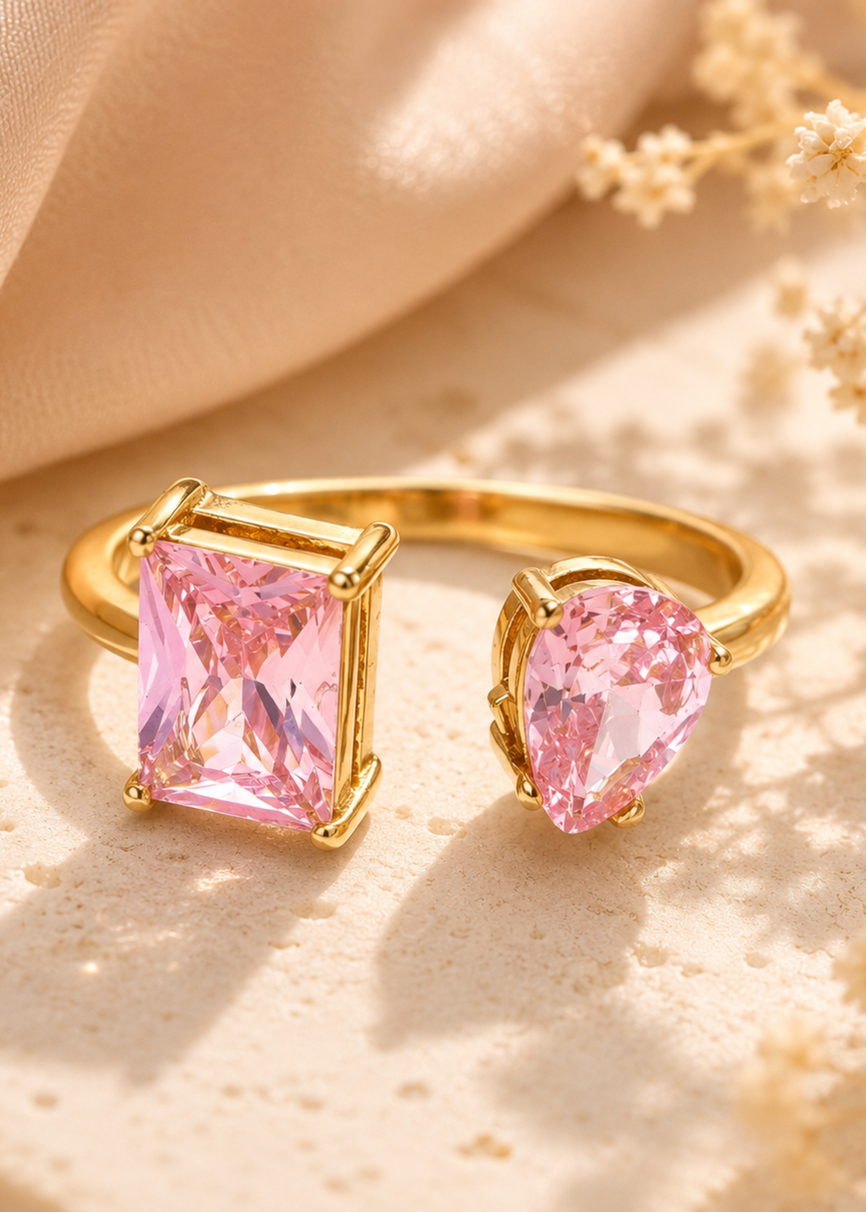 Gold ring with pink gemstones on a beige surface with dried flowers.