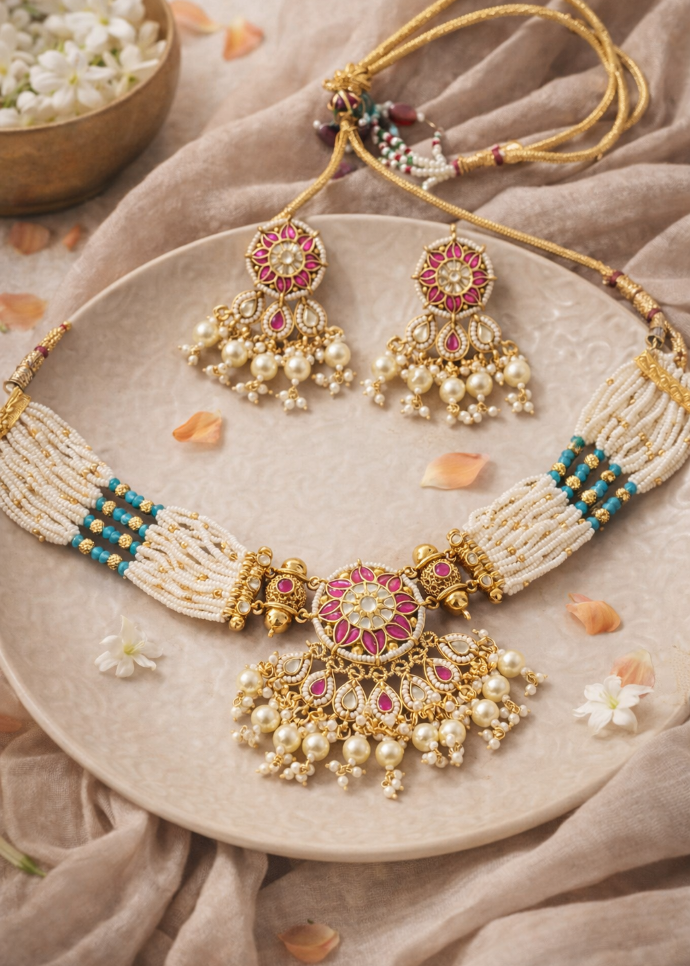 Ornate necklace and earrings set on a beige plate with a soft background