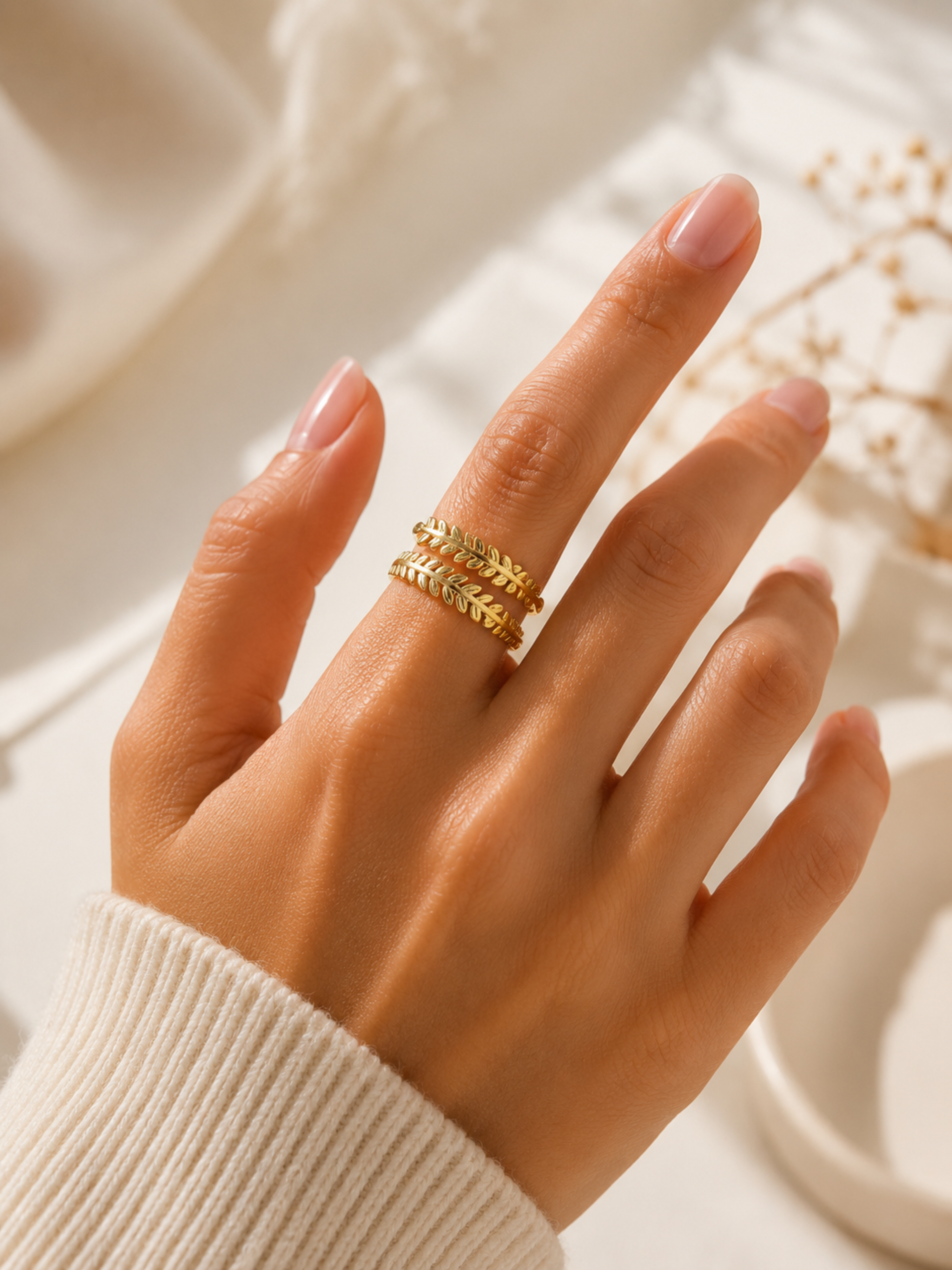 Hand wearing a gold ring on a neutral background