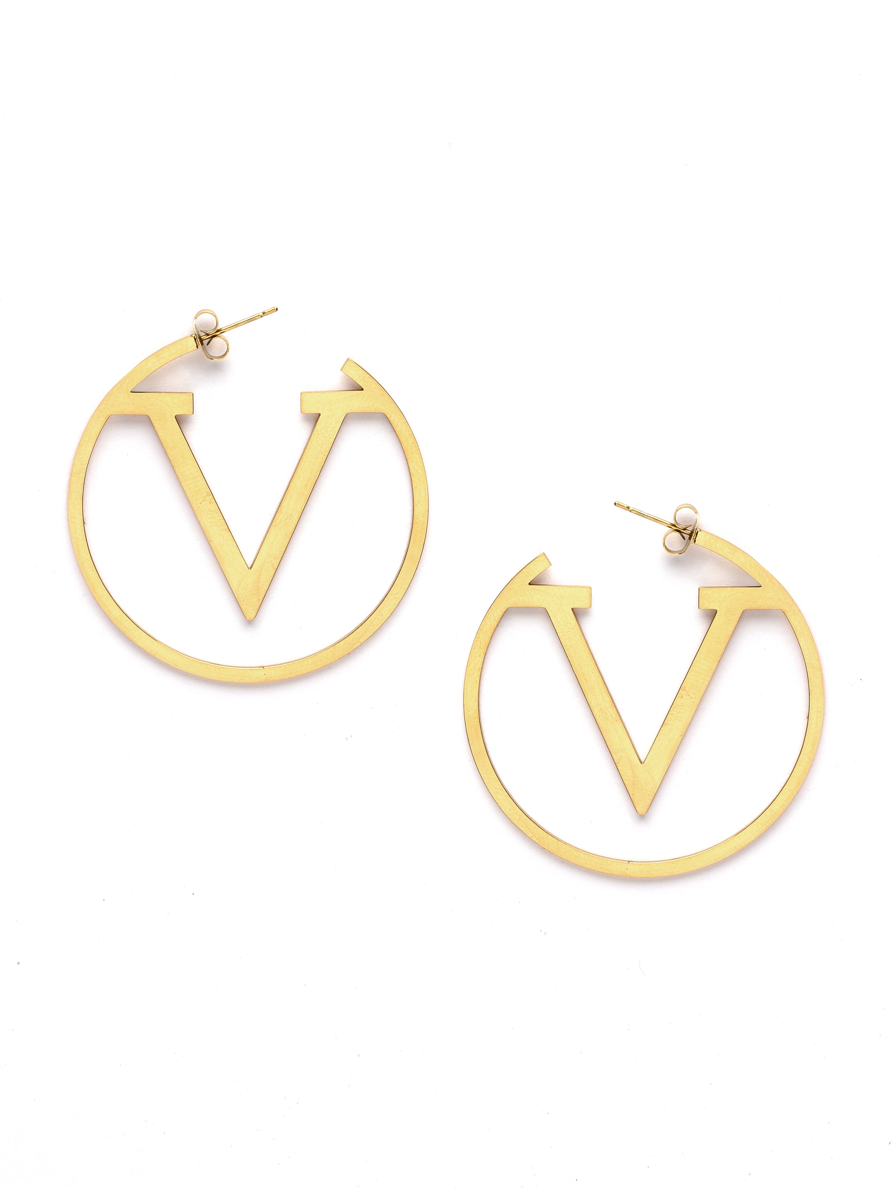 Gold hoop earrings with 'V' design on a white background