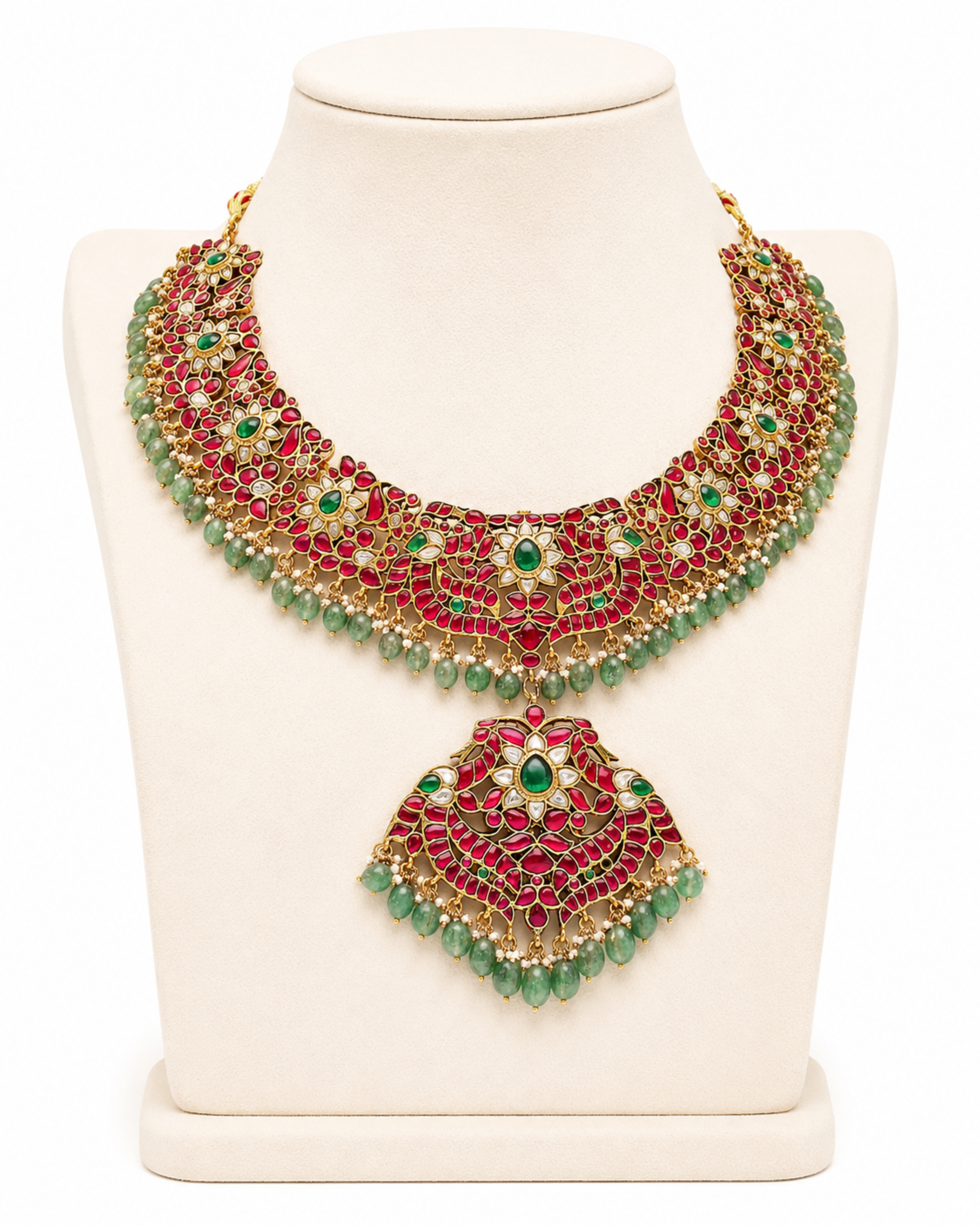 Ornate necklace with red and green stones on a mannequin bust