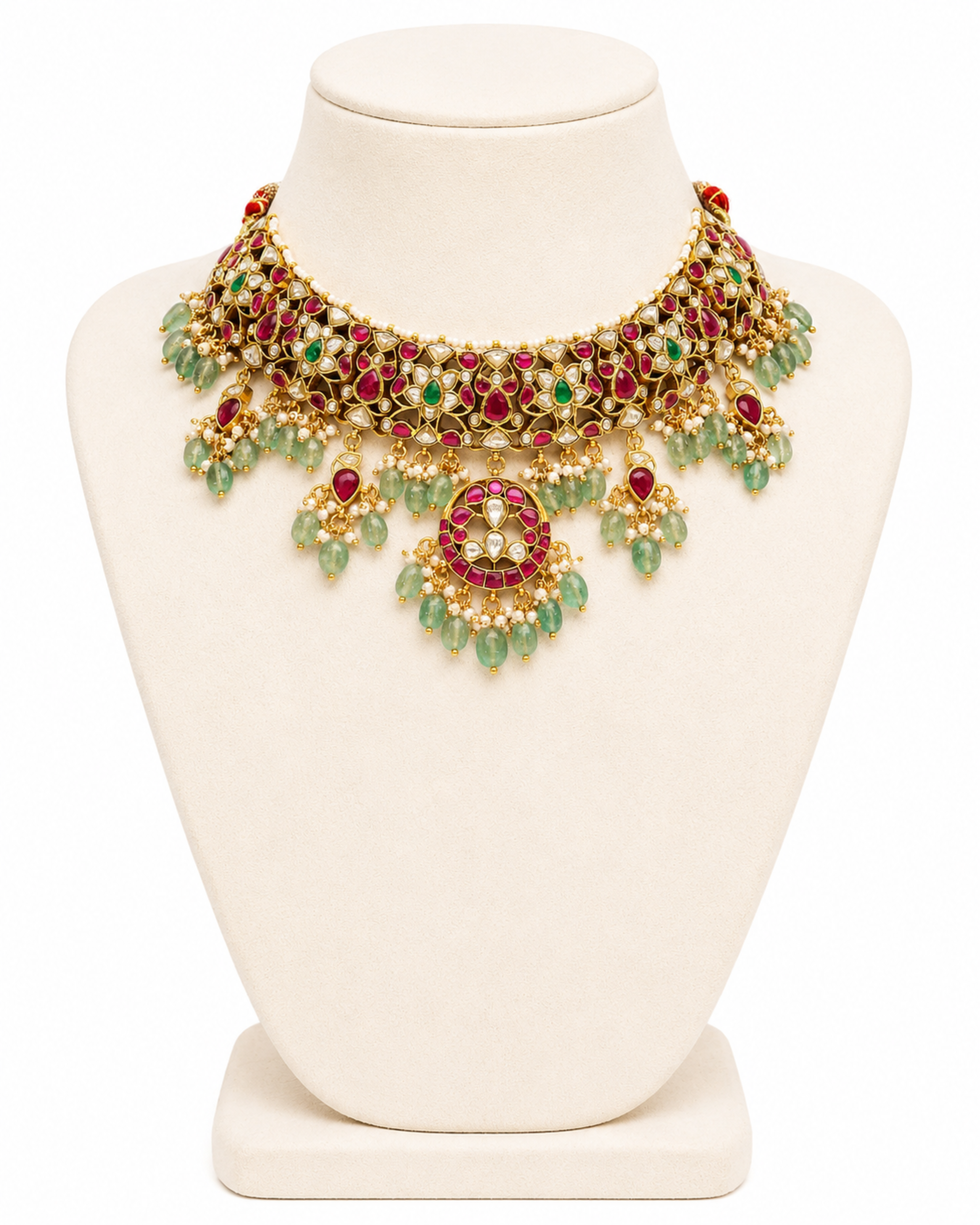 Ornate necklace with green and red stones on a white mannequin bust