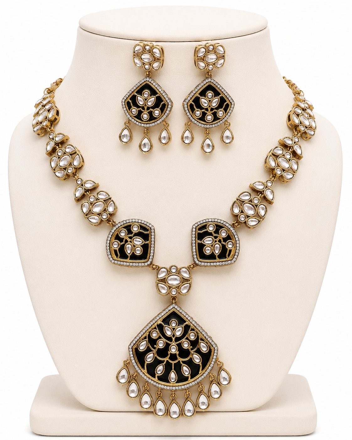 Jewelry set with necklace and earrings on a white stand