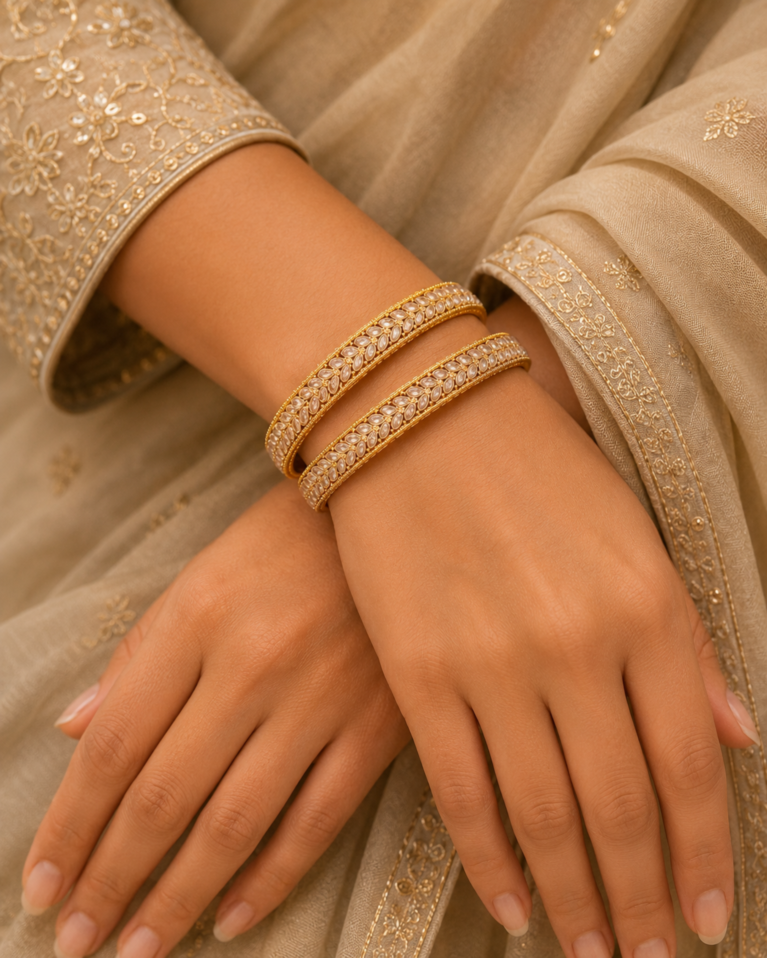 Close-up of a hand wearing gold bangles with a beige embroidered garment background