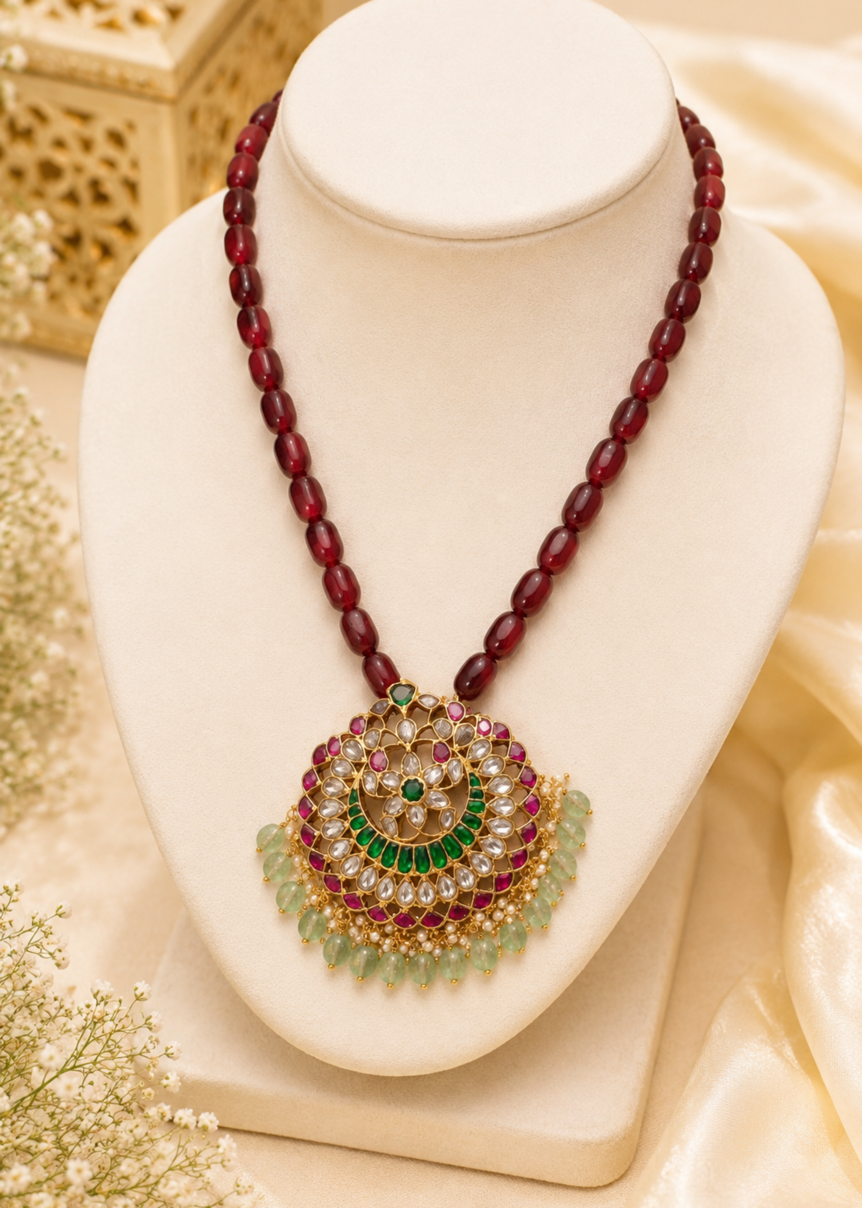 Decorative necklace with maroon beads and a gold pendant on a white stand.