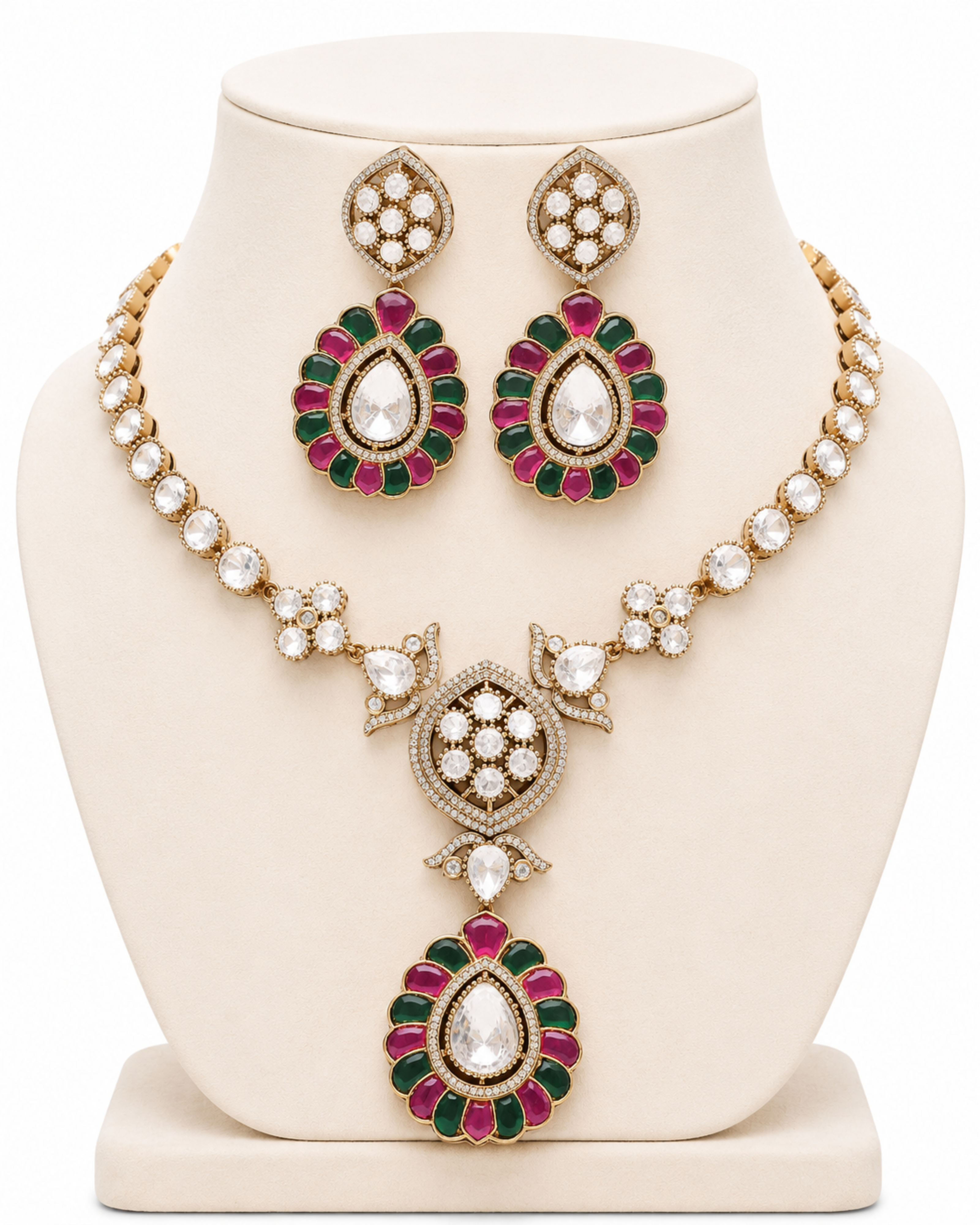 Jewelry set with necklace and earrings on a mannequin bust