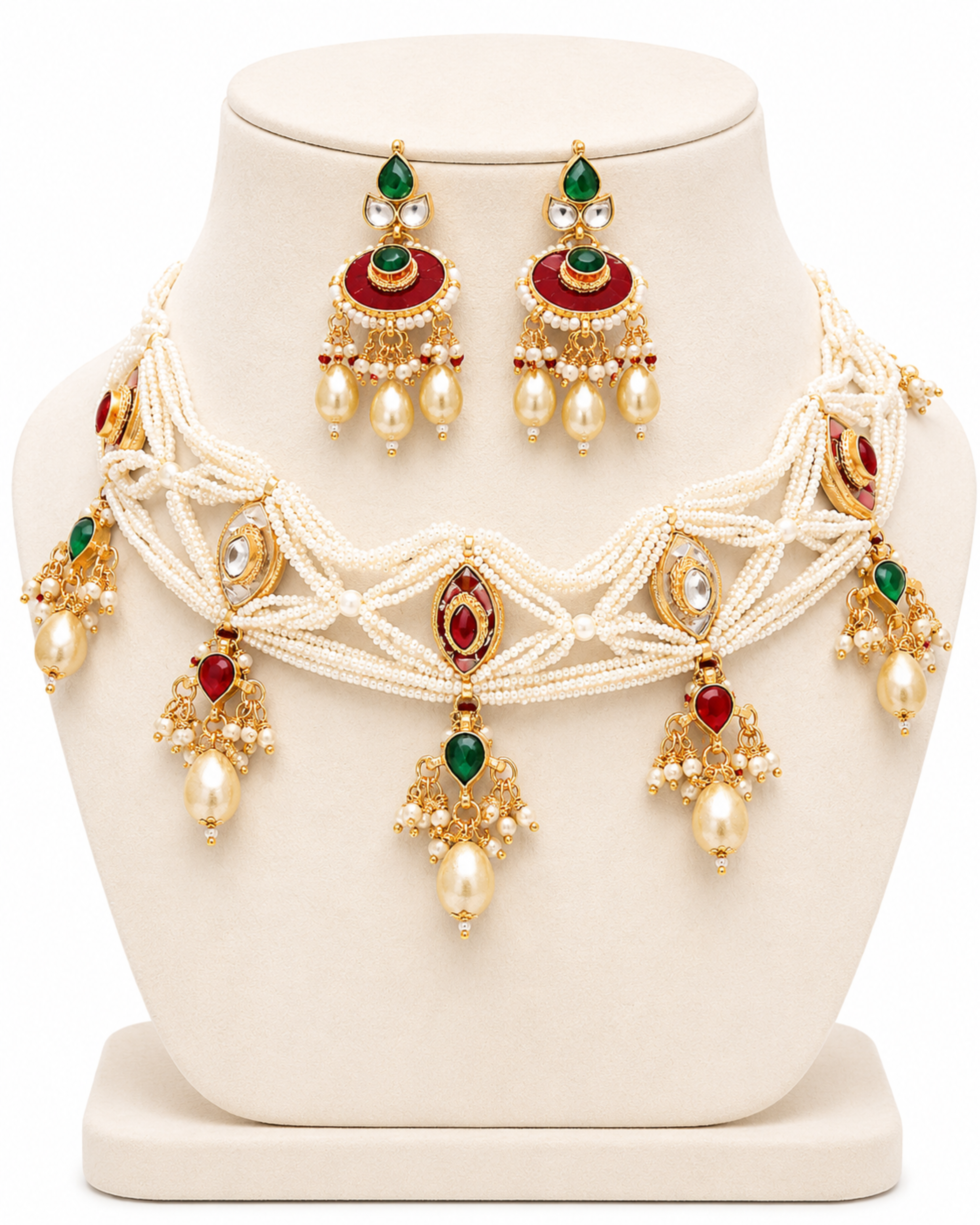 Jewelry set with necklace and earrings on a white stand