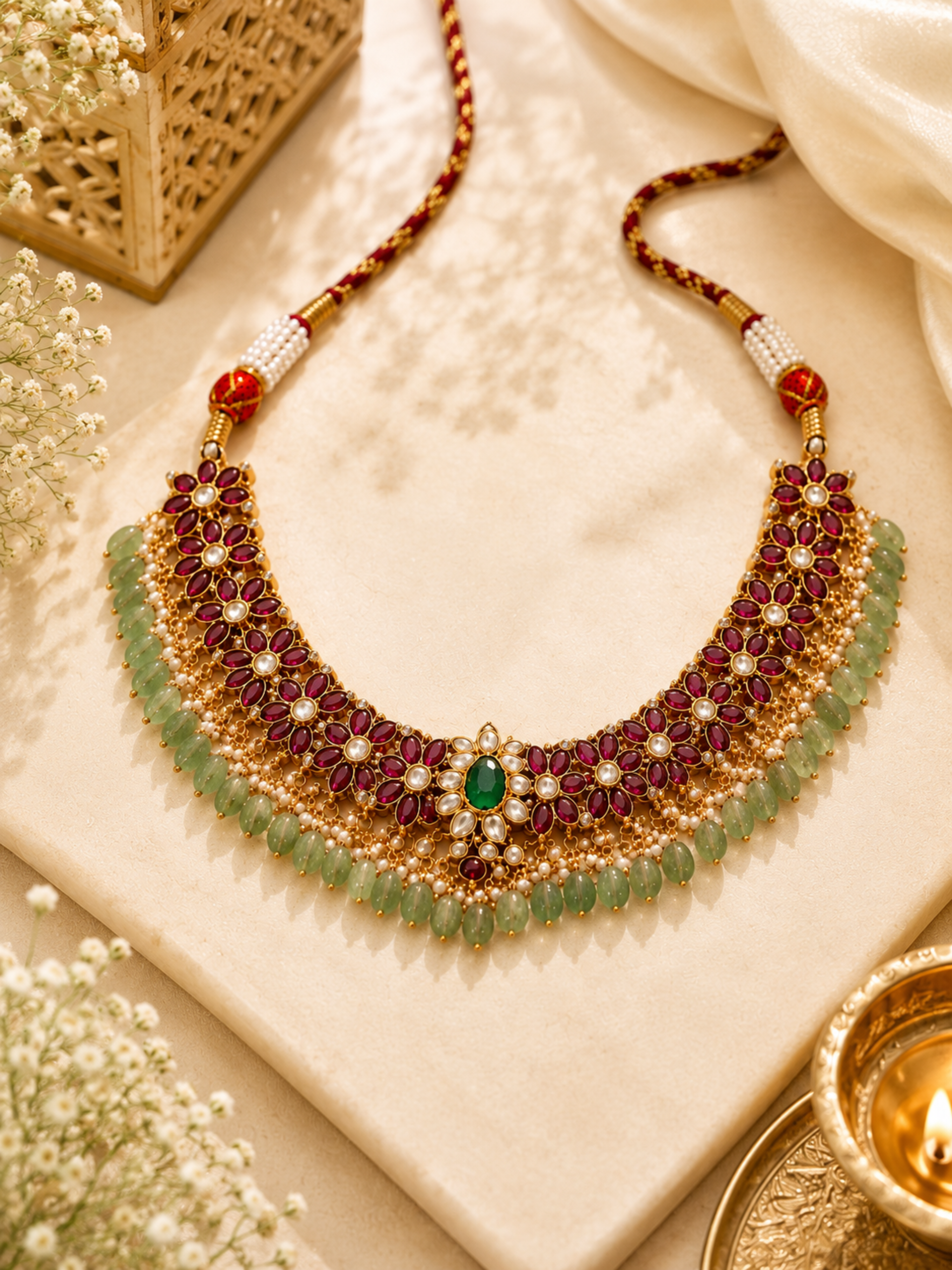 Ornate necklace with gemstones on a textured surface