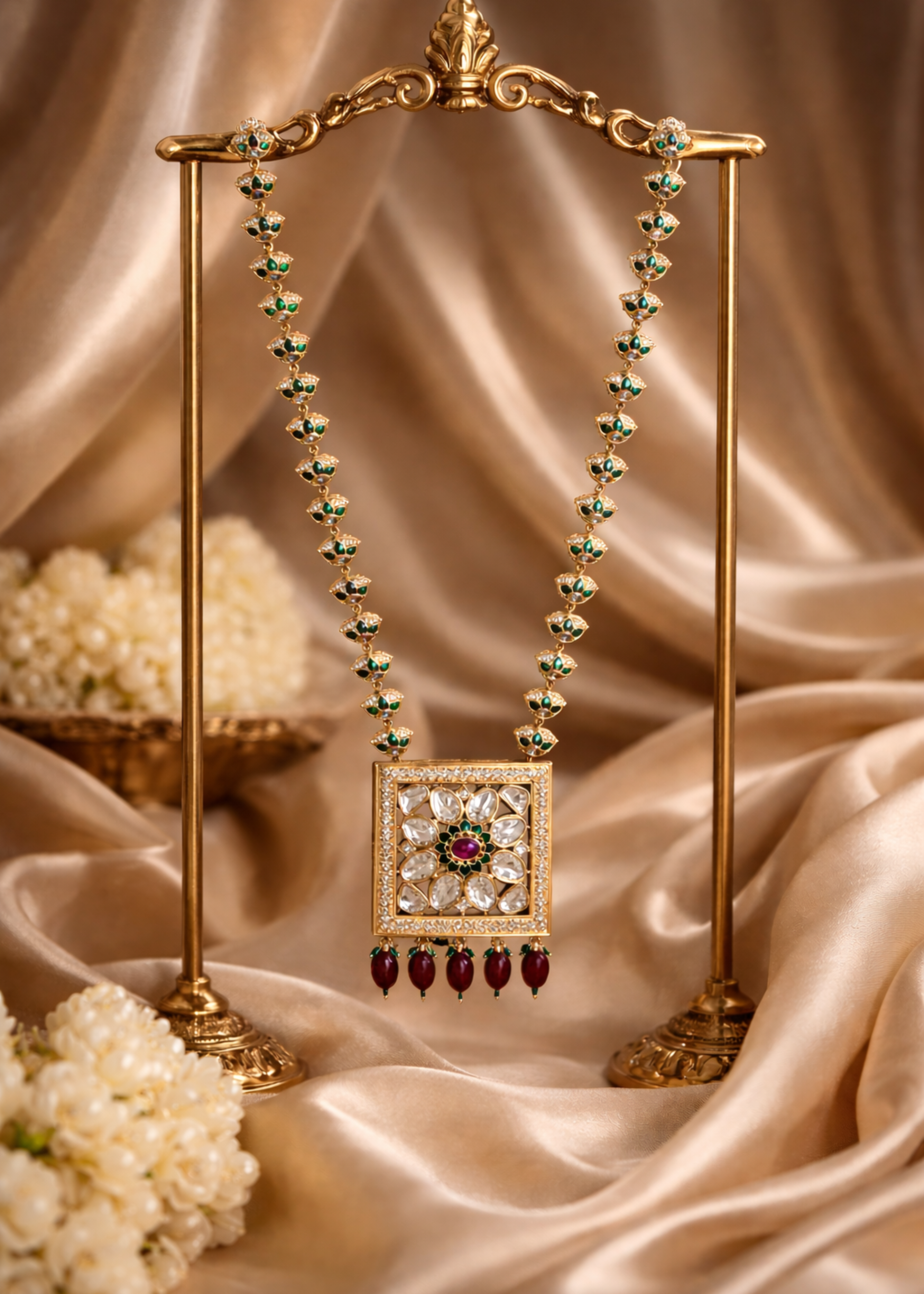 Gold necklace with gemstones on a decorative stand against a satin background