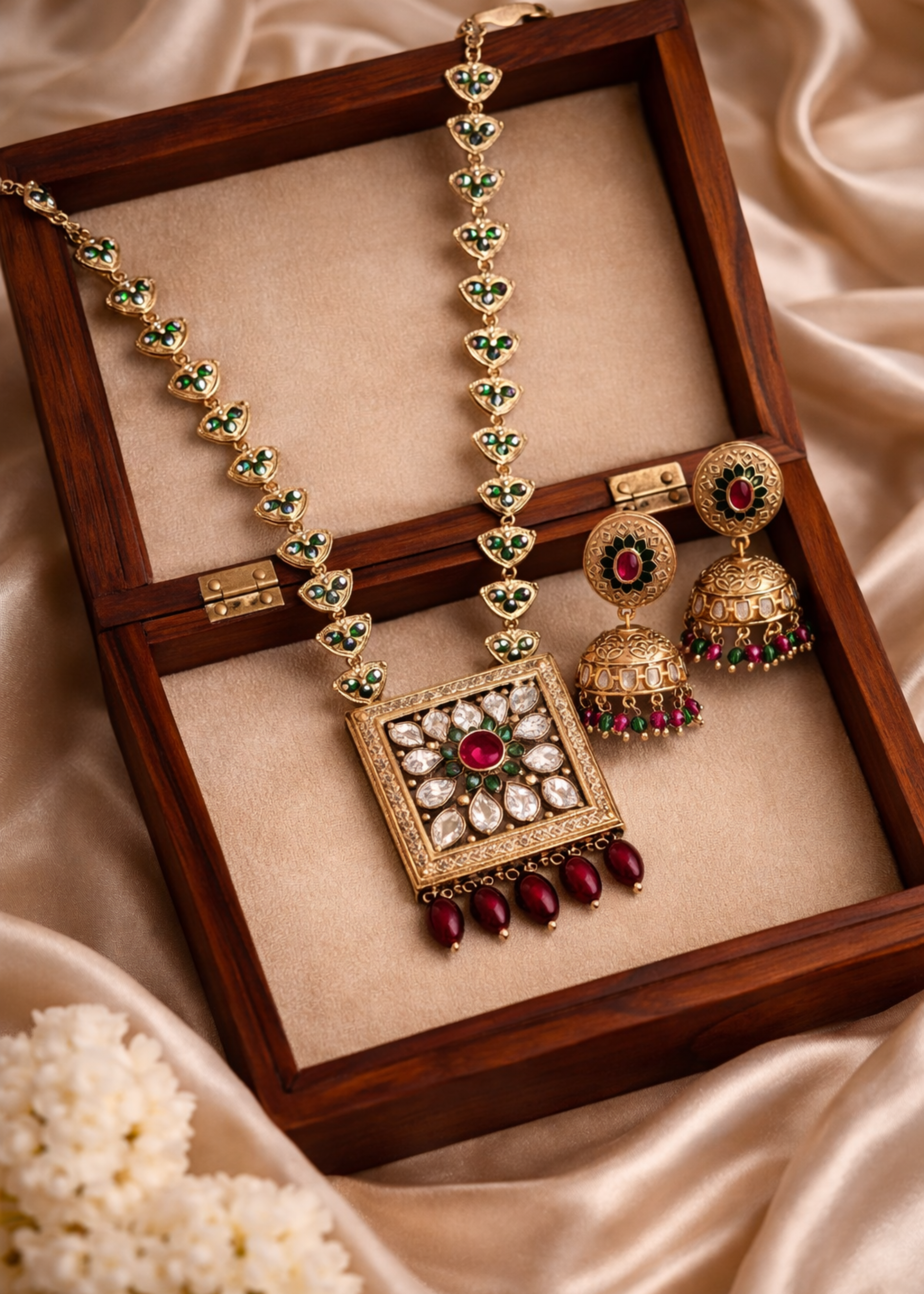 Ornate necklace and earrings set in a wooden box on a satin surface