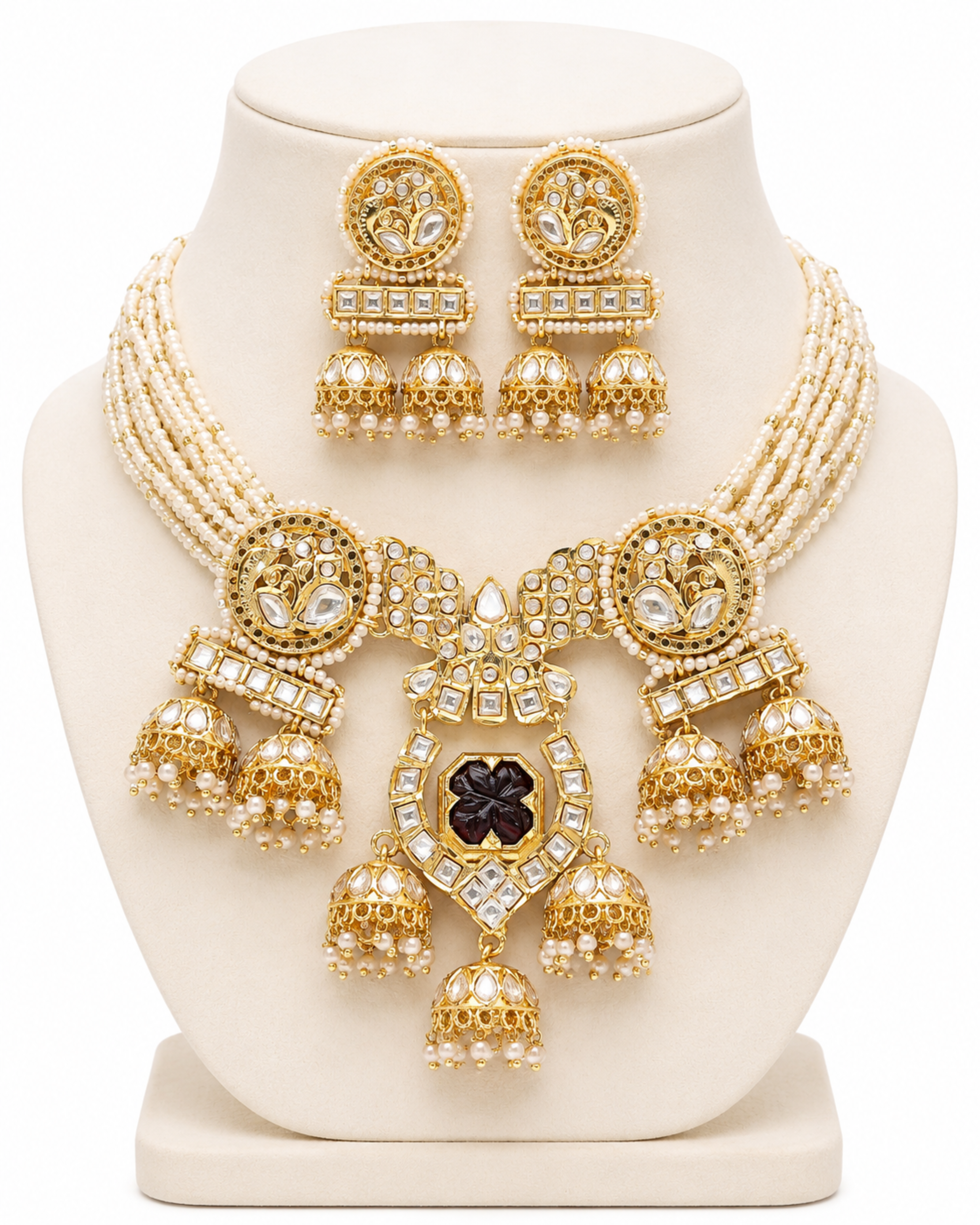 Gold jewelry set with necklace and earrings on a mannequin bust