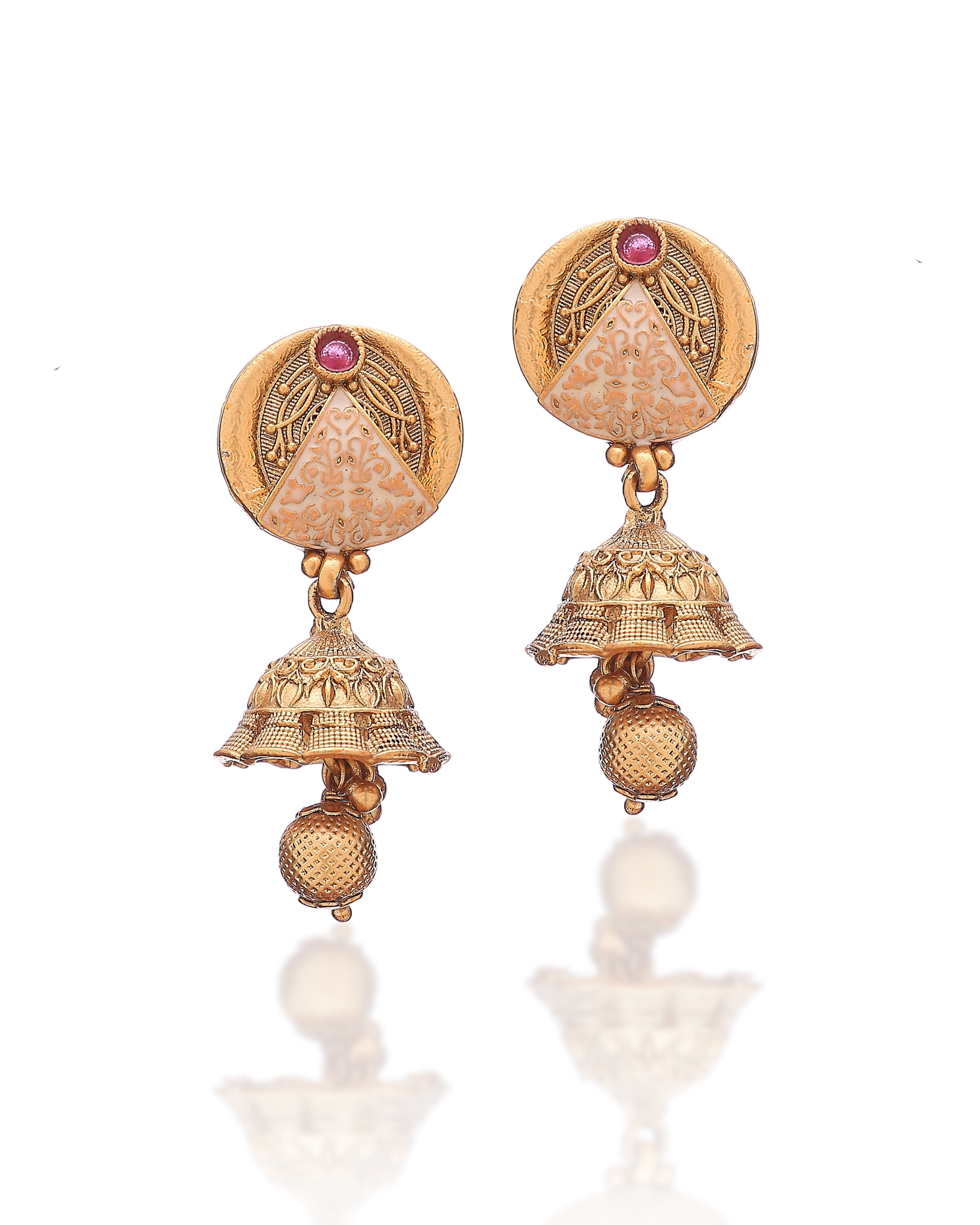 Gold earrings with intricate designs on a white background