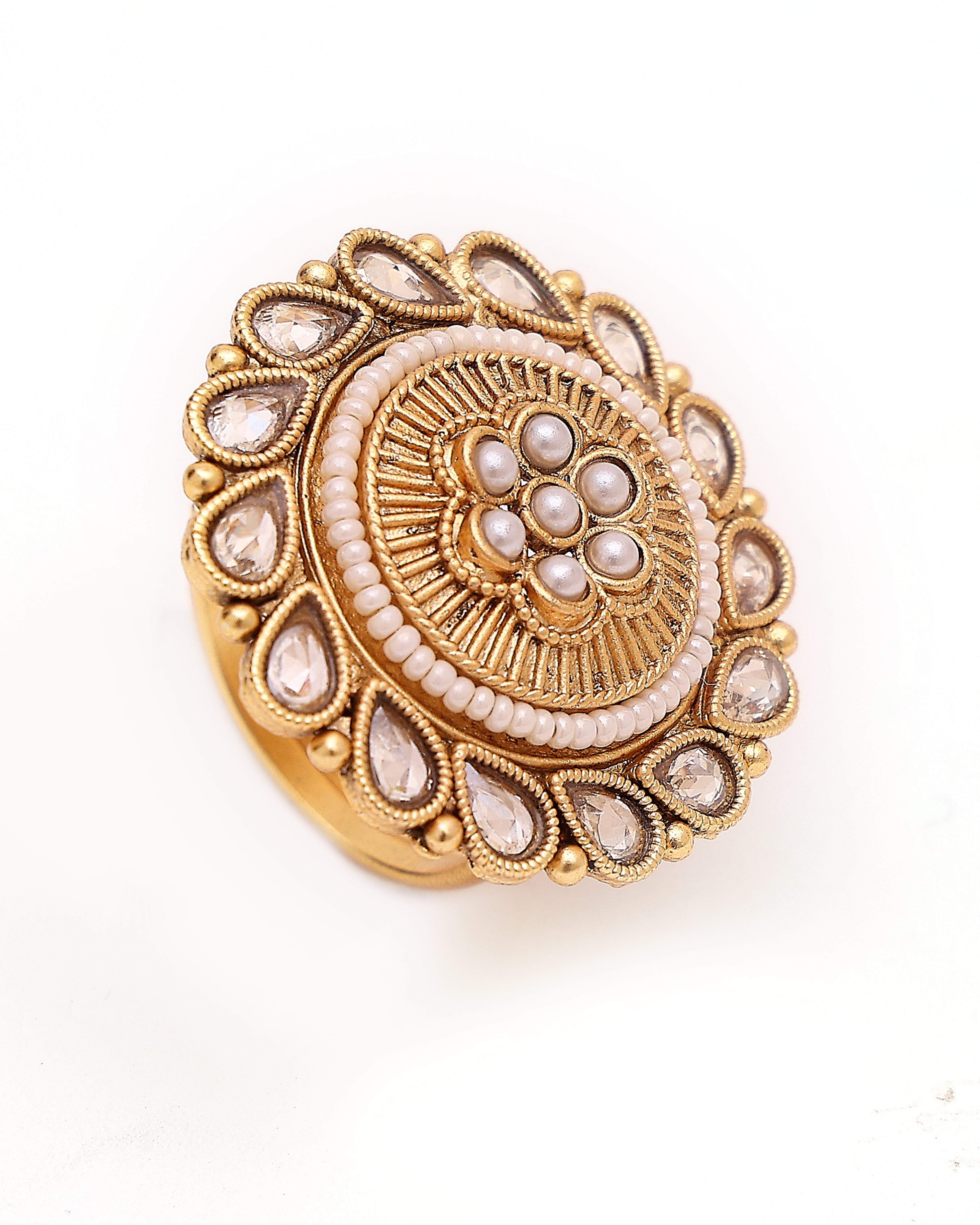 Gulnoor Antique Kundan Pearl Ring