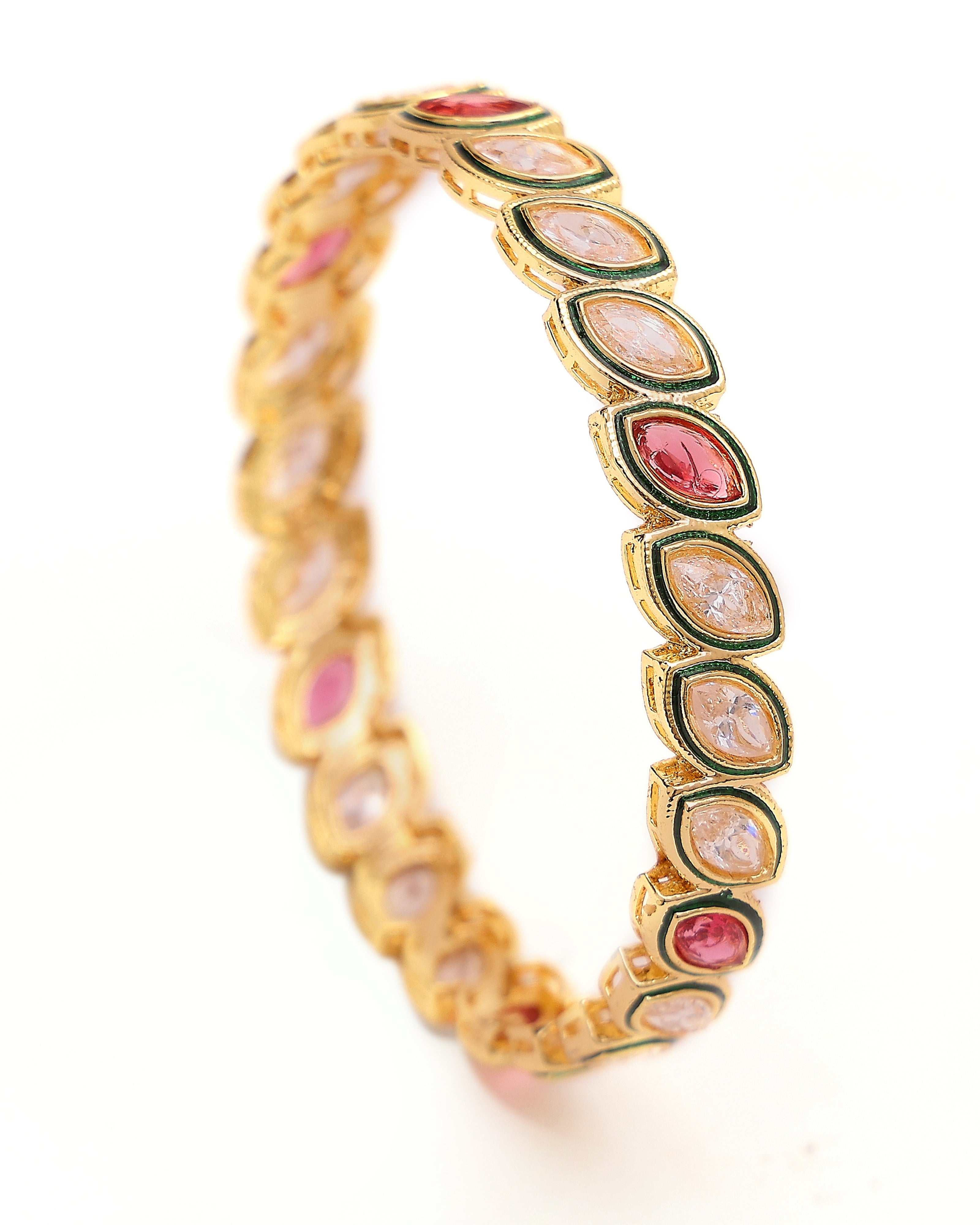Gold bracelet with pink and green gemstones on a white background