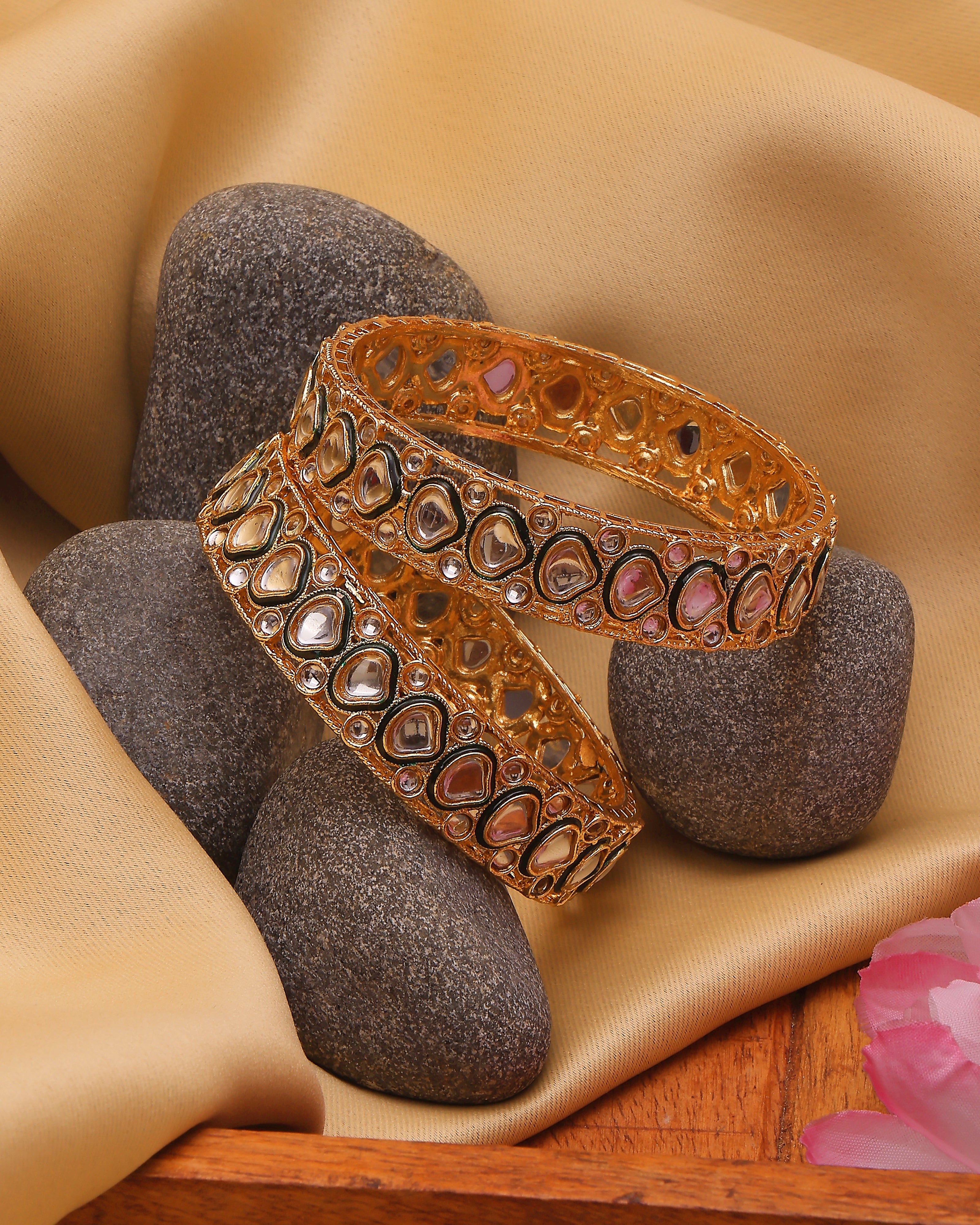 Decorative belt with heart patterns on stones and fabric background