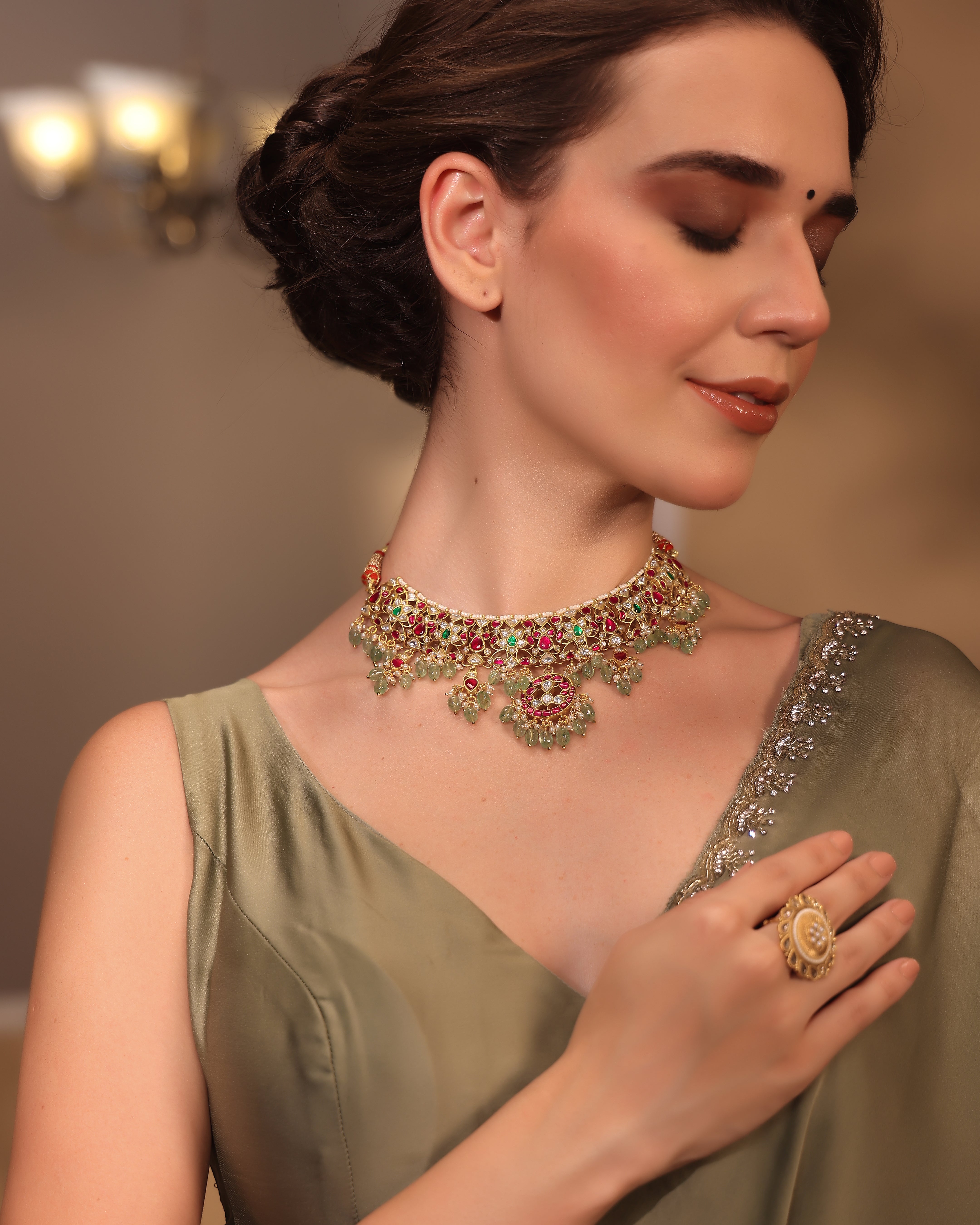 Gulnoor Antique Kundan Pearl Ring