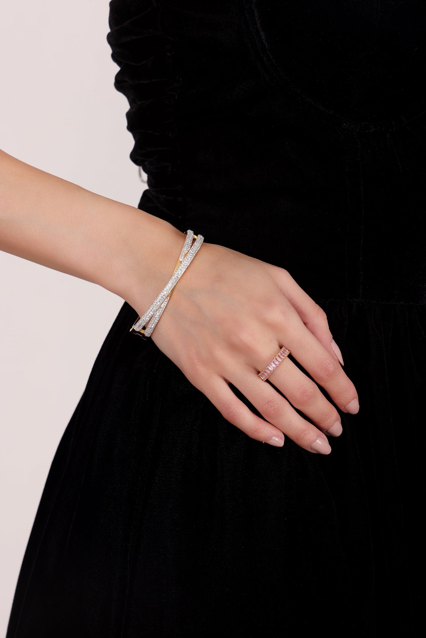 Model wearing Blush Baguette Ring – side profile