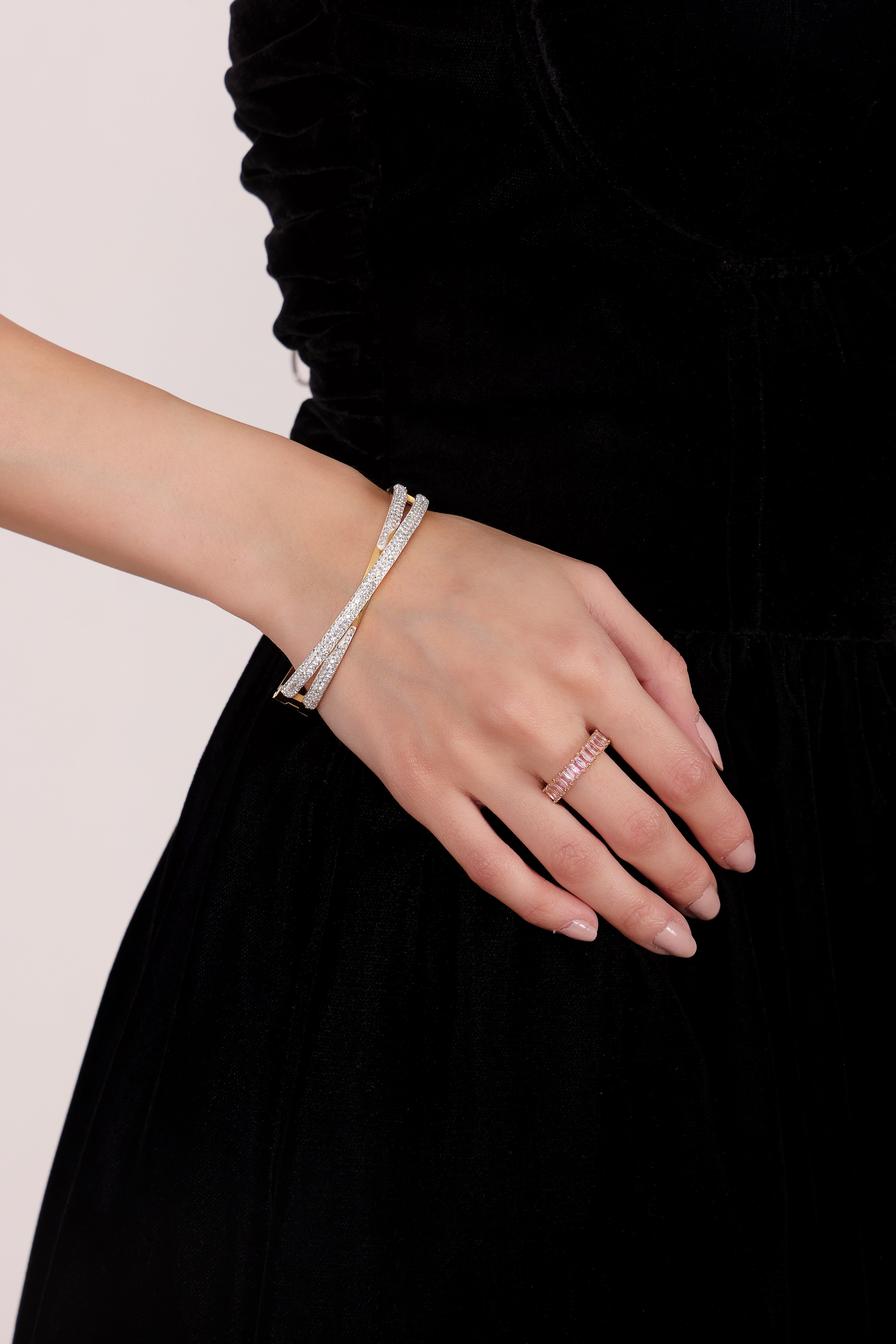 Model wearing Blush Baguette Ring – side profile