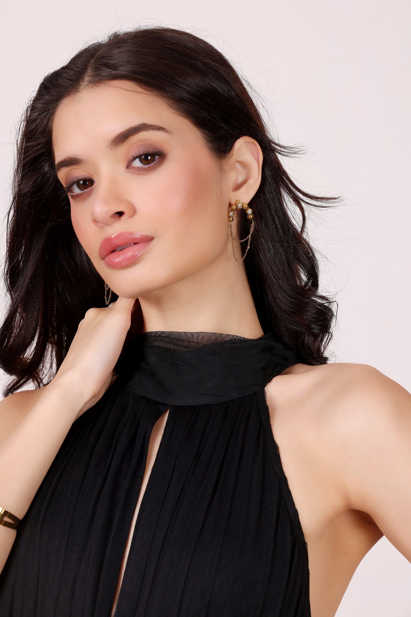 Model wearing Dual-Chain Cascade Hoops – front view