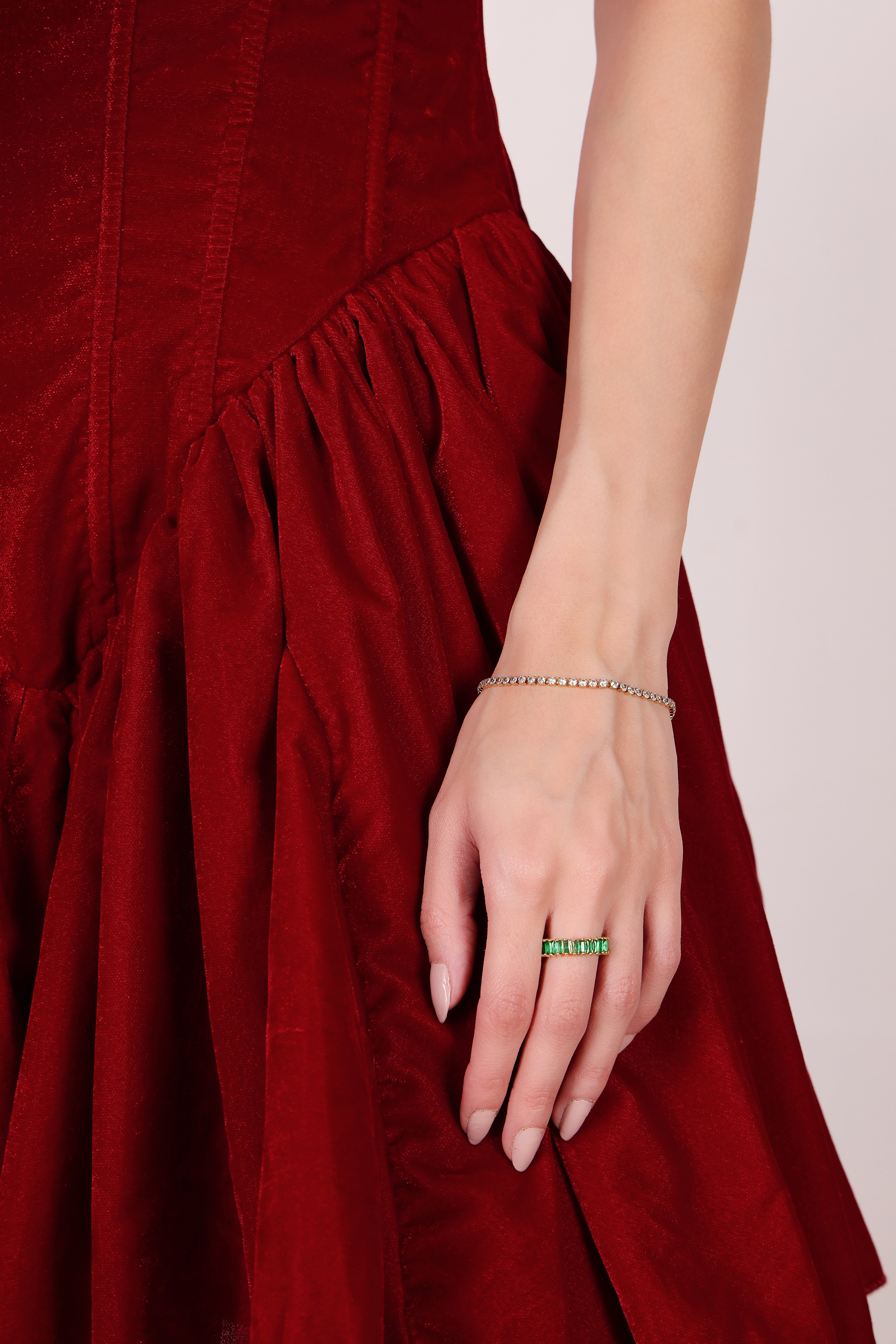 Model wearing Emerald Baguette Ring – front view