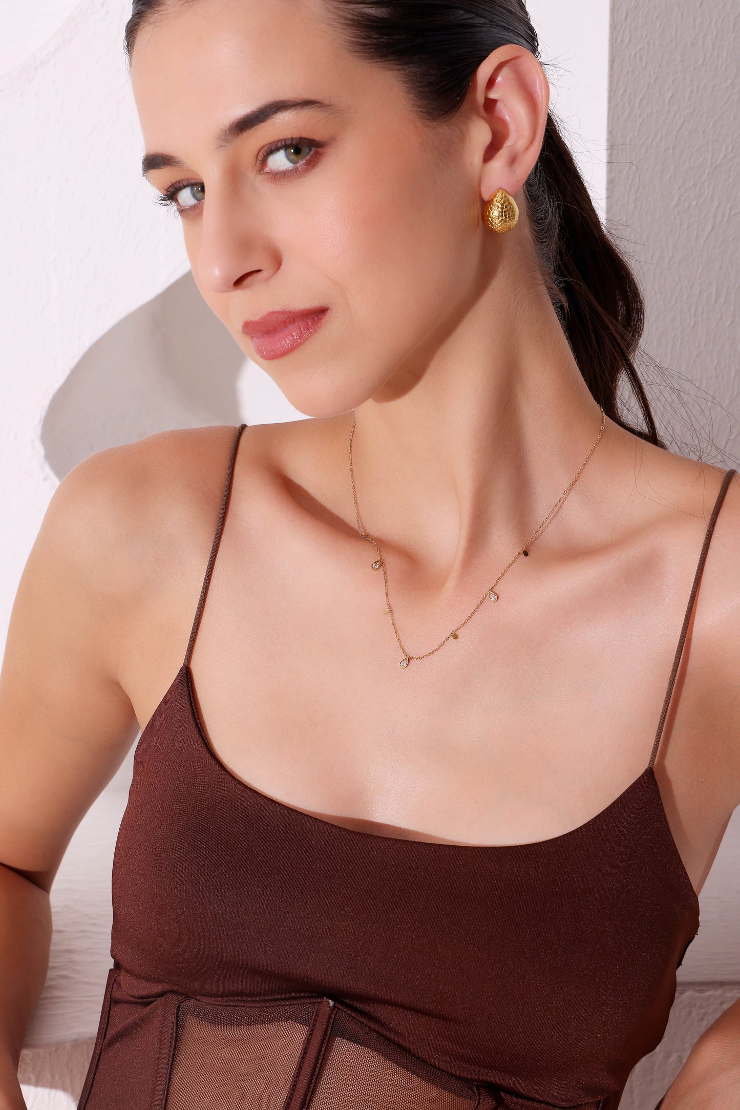 Model wearing Halo Thread Necklace – front view