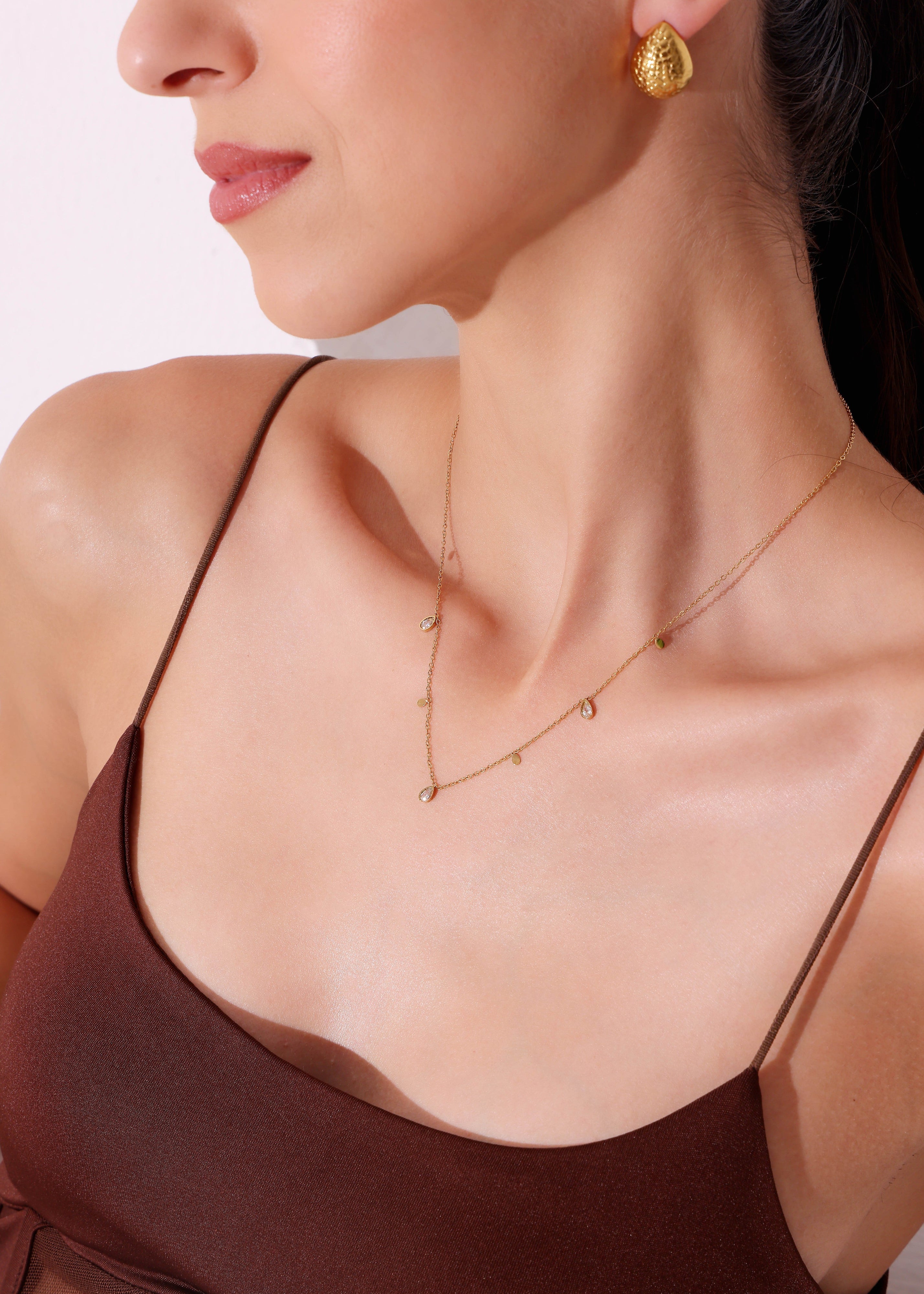 Model wearing Halo Thread Necklace – side profile