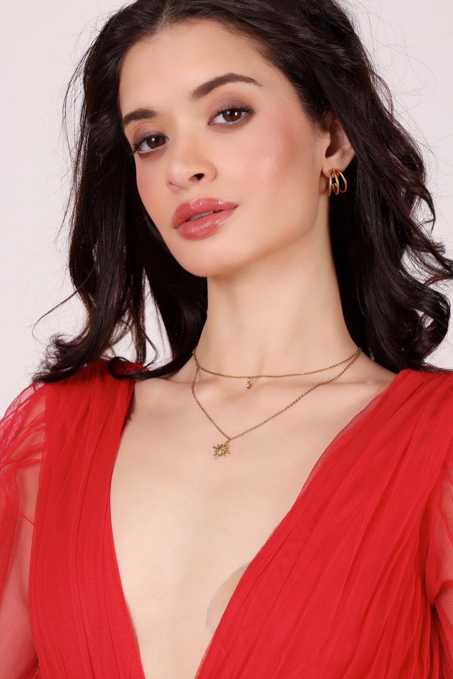 Model wearing Starlight Layered Necklace – side profile