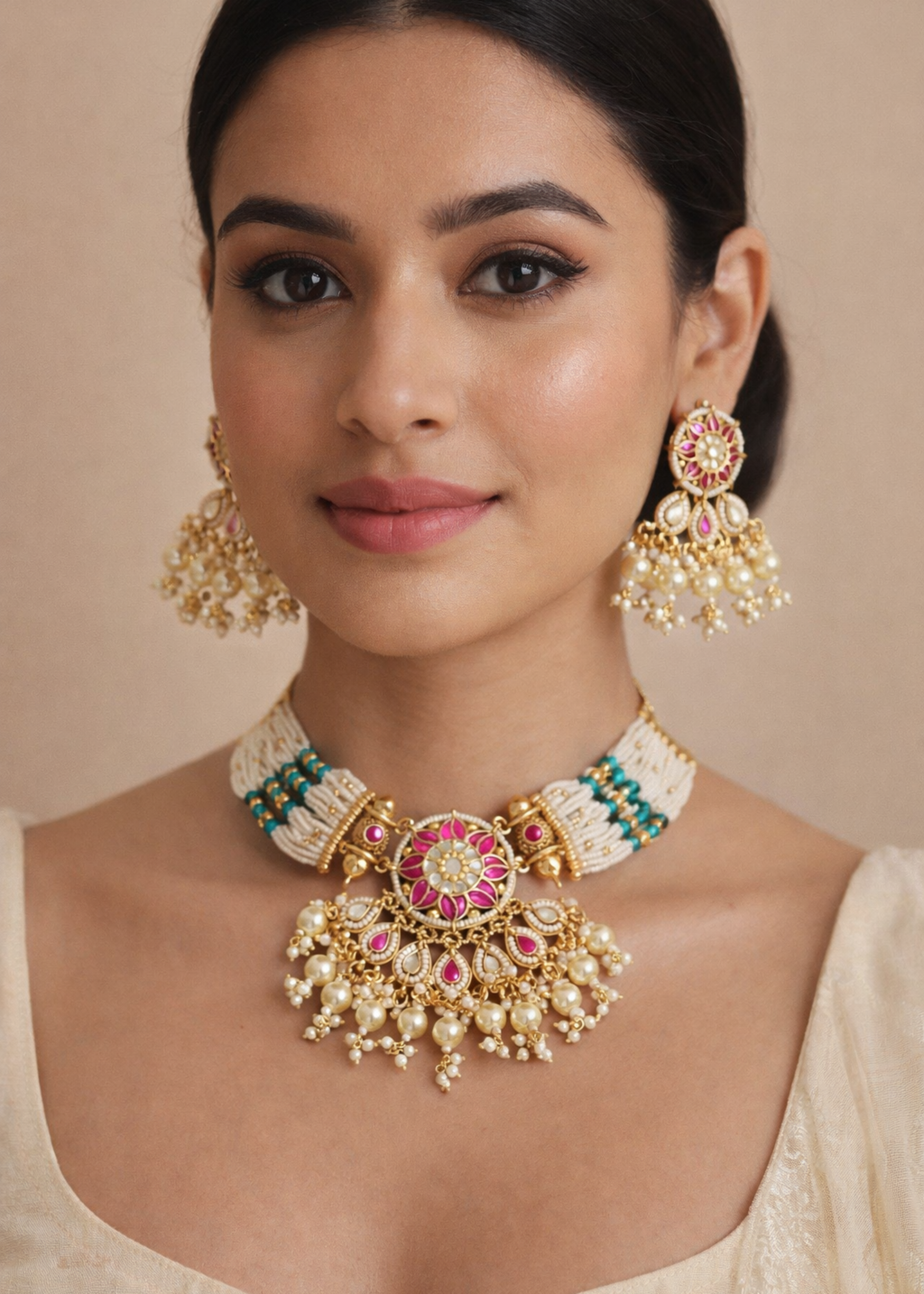 Woman wearing a traditional necklace and earrings on a beige background