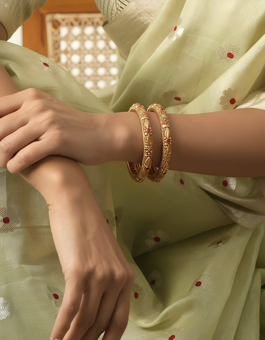 Antika Ruby Carved Temple Bangles (Set of 4)