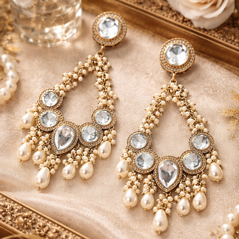 Gold and pearl earrings on a decorative surface with roses and a perfume bottle.