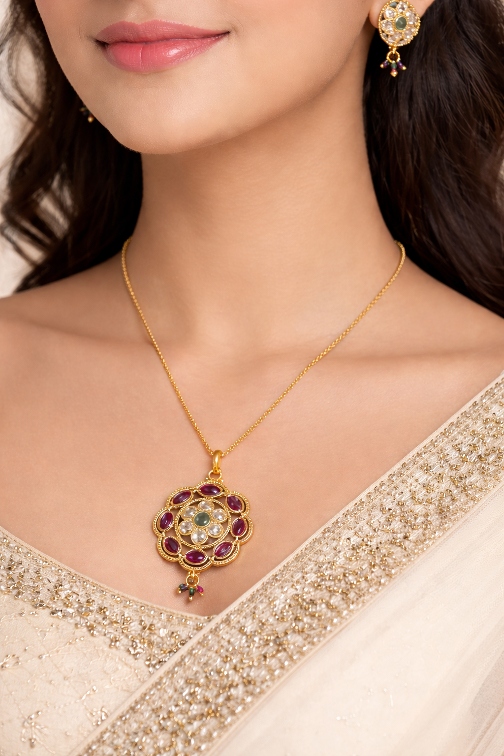 Rangoli Kundan Floral Pendant Set