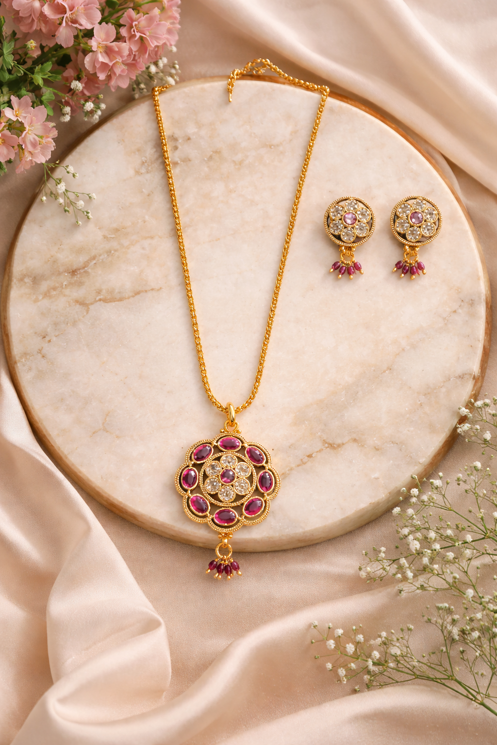 Rangoli Kundan Floral Pendant Set