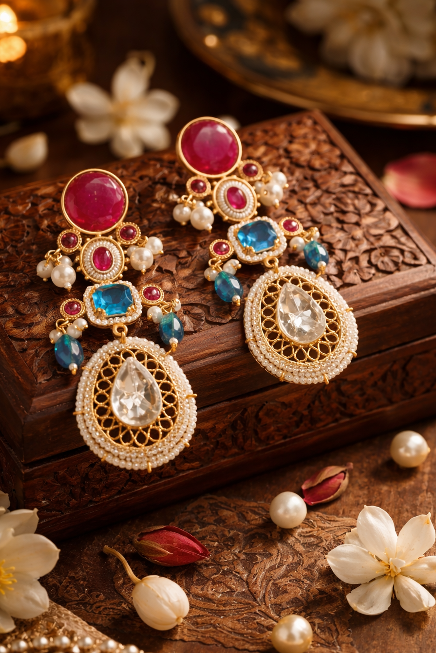 Ornate earrings with gemstones on a wooden box with flowers and pearls.