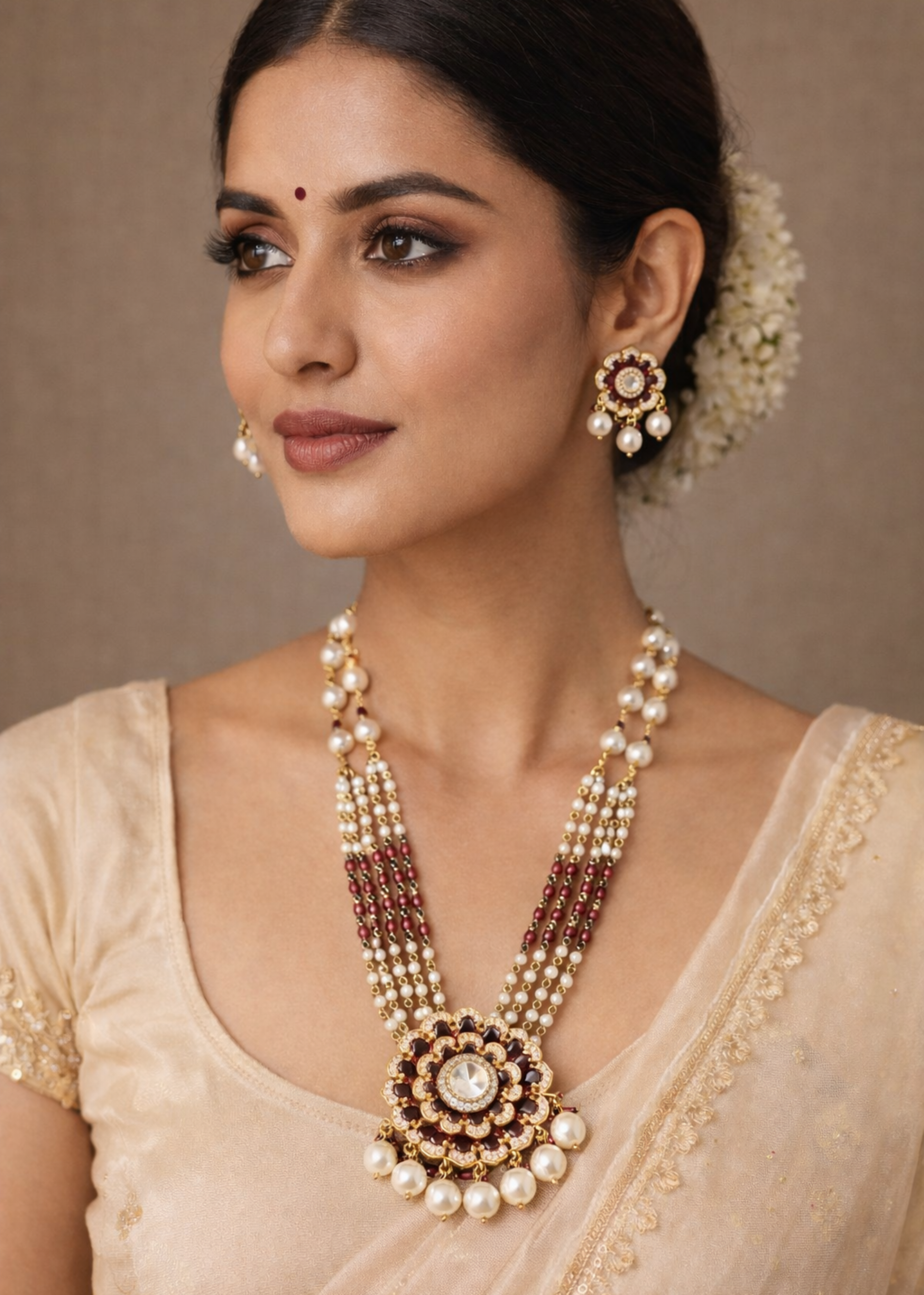 Woman wearing a traditional pearl necklace and earrings against a neutral background