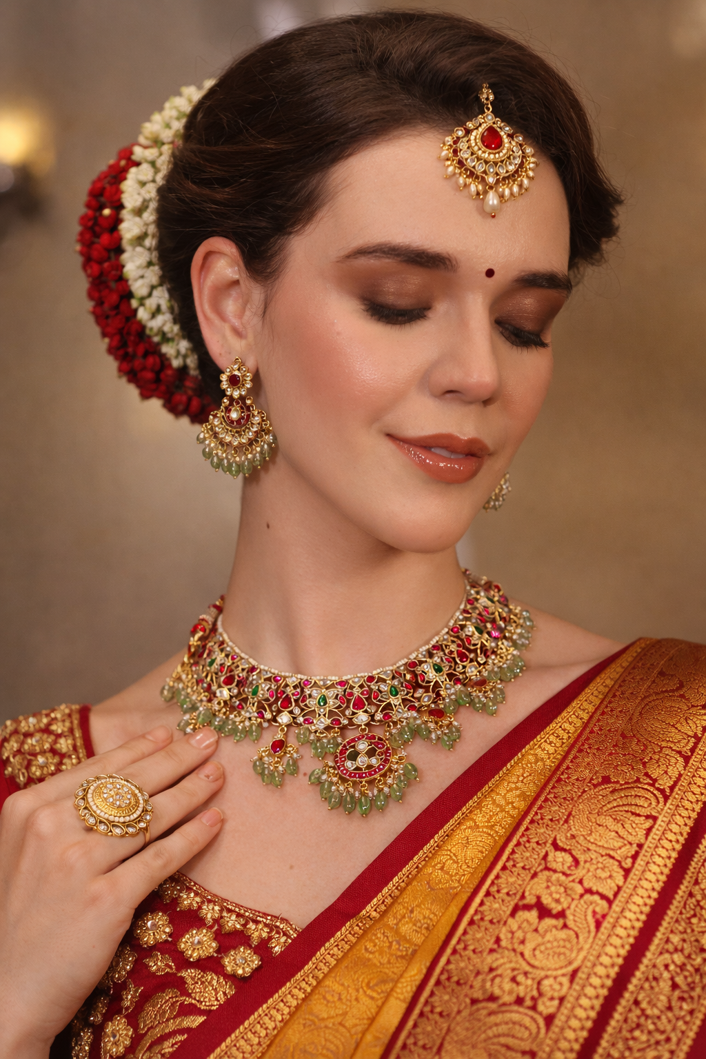 Woman wearing traditional jewelry and a saree with a blurred background