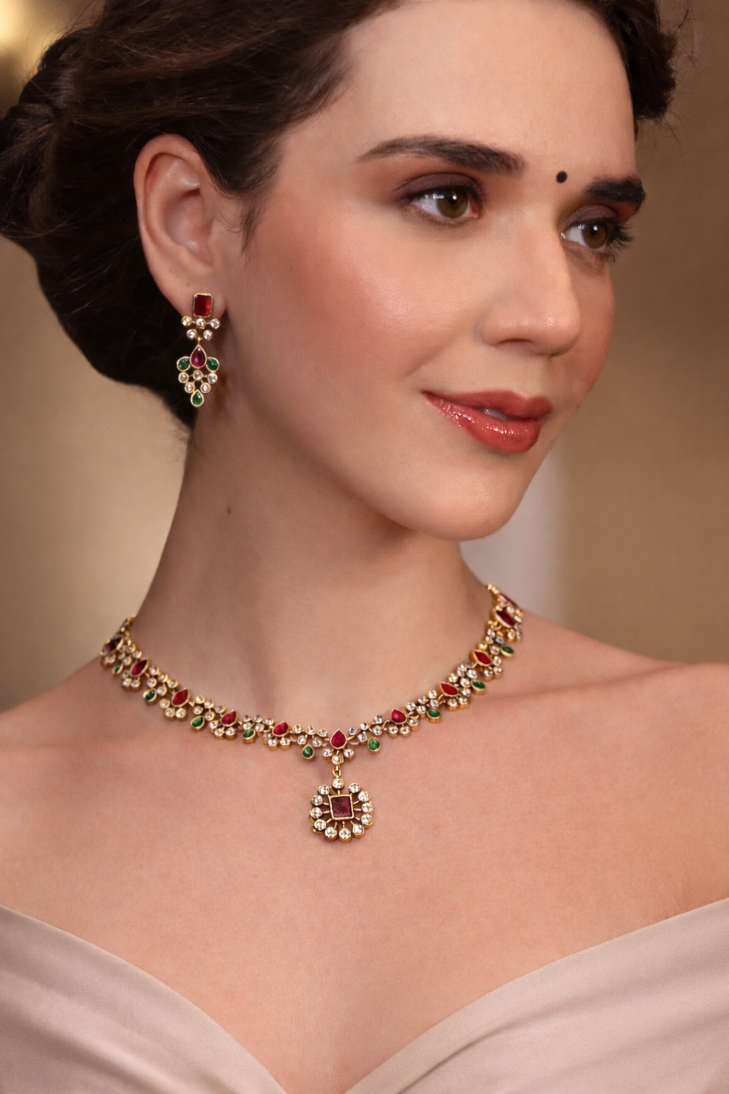 Rudramini Moissanite Ruby-Emerald Choker Set
