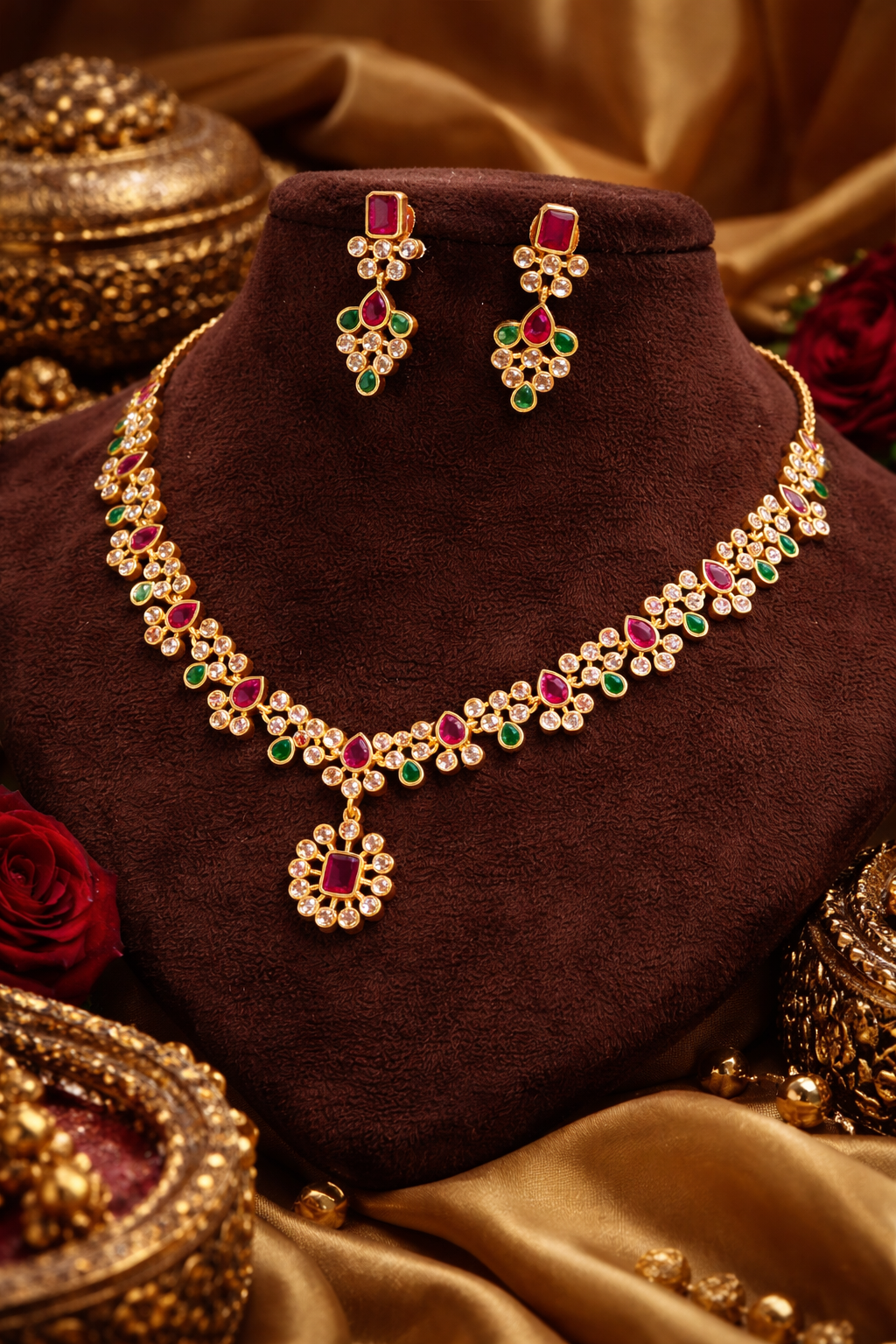 Rudramini Moissanite Ruby-Emerald Choker Set