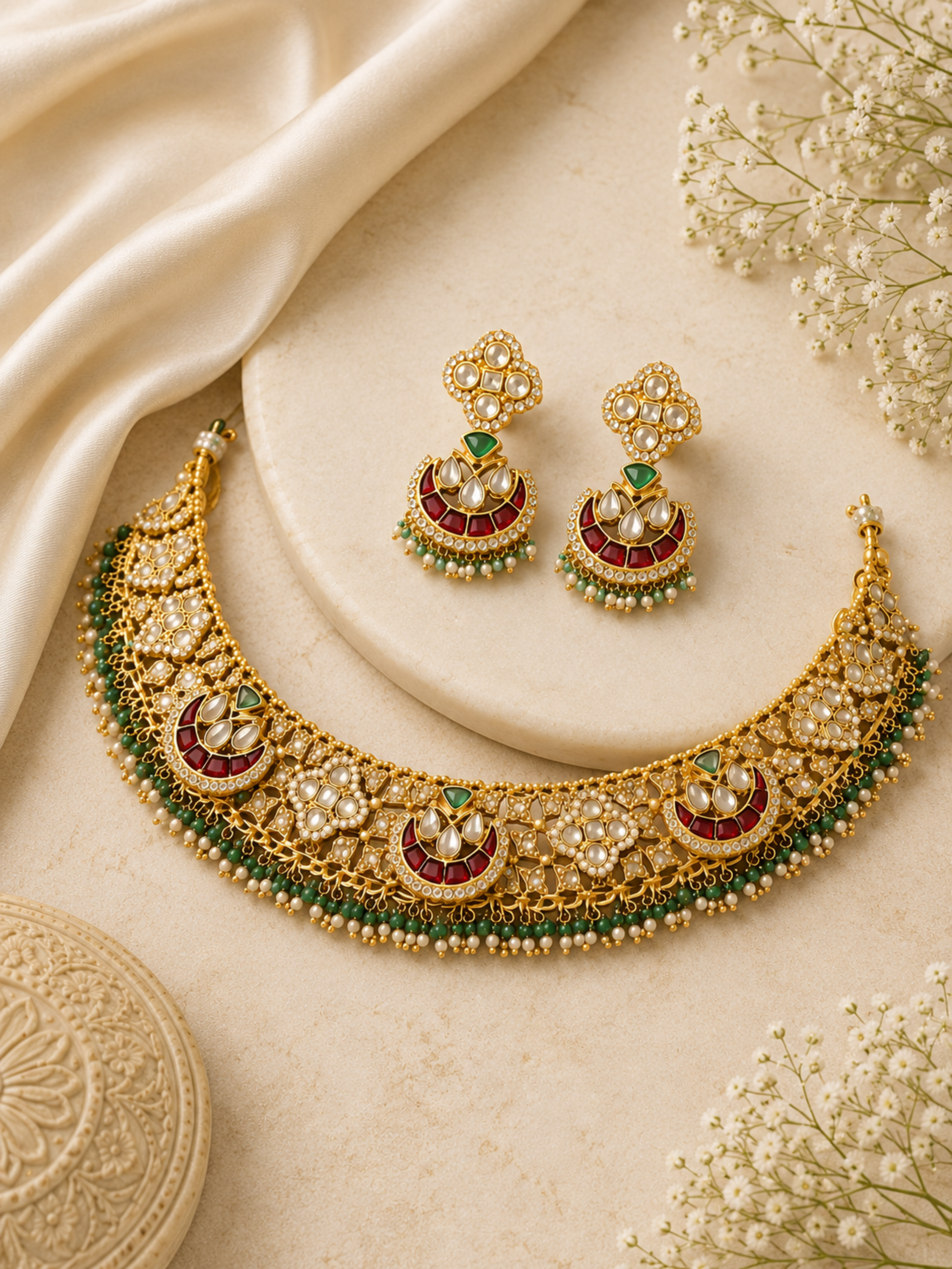 Gold necklace and earrings with green and red accents on a beige fabric background