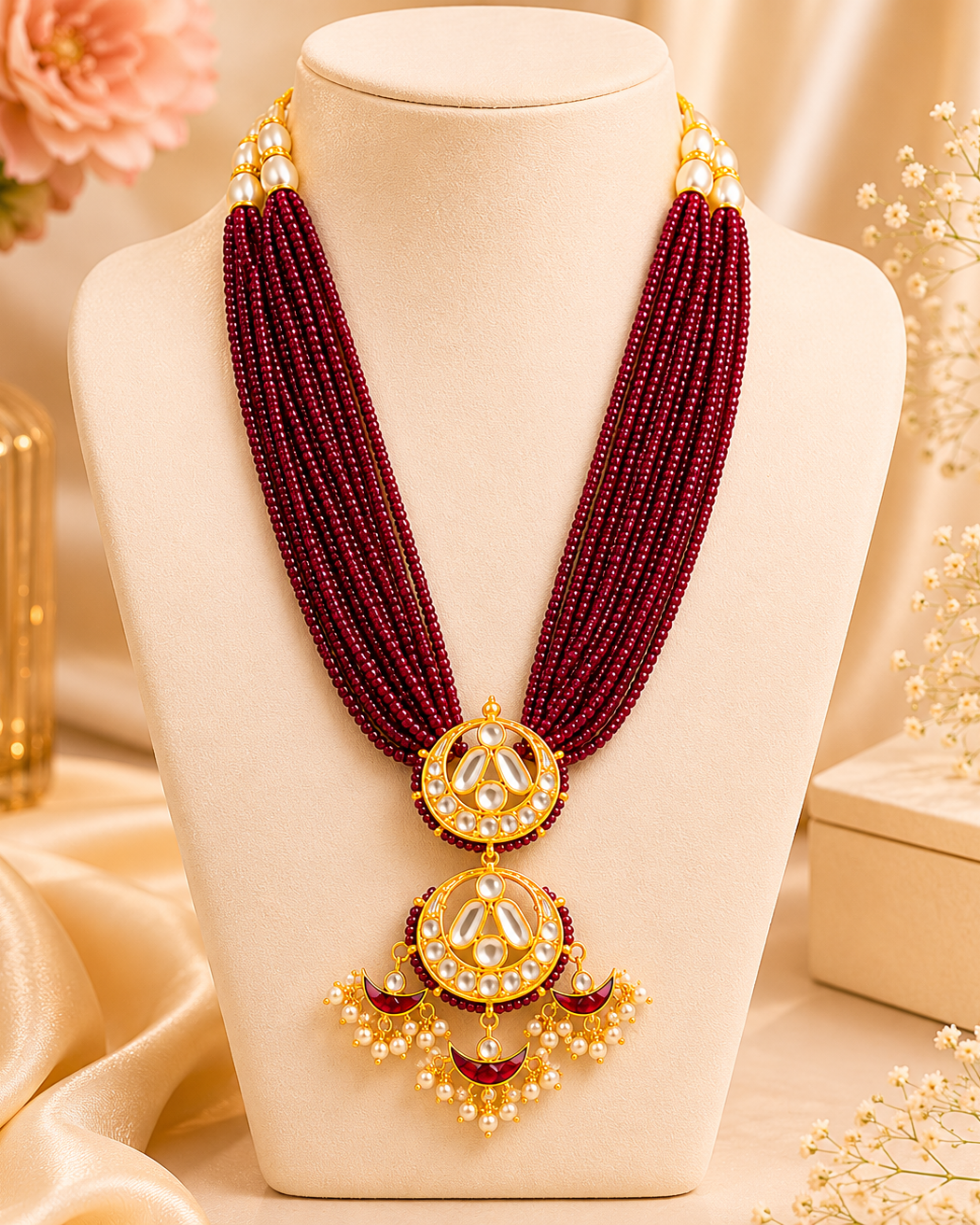 Delicate necklace with maroon beads and gold pendants on a mannequin bust.
