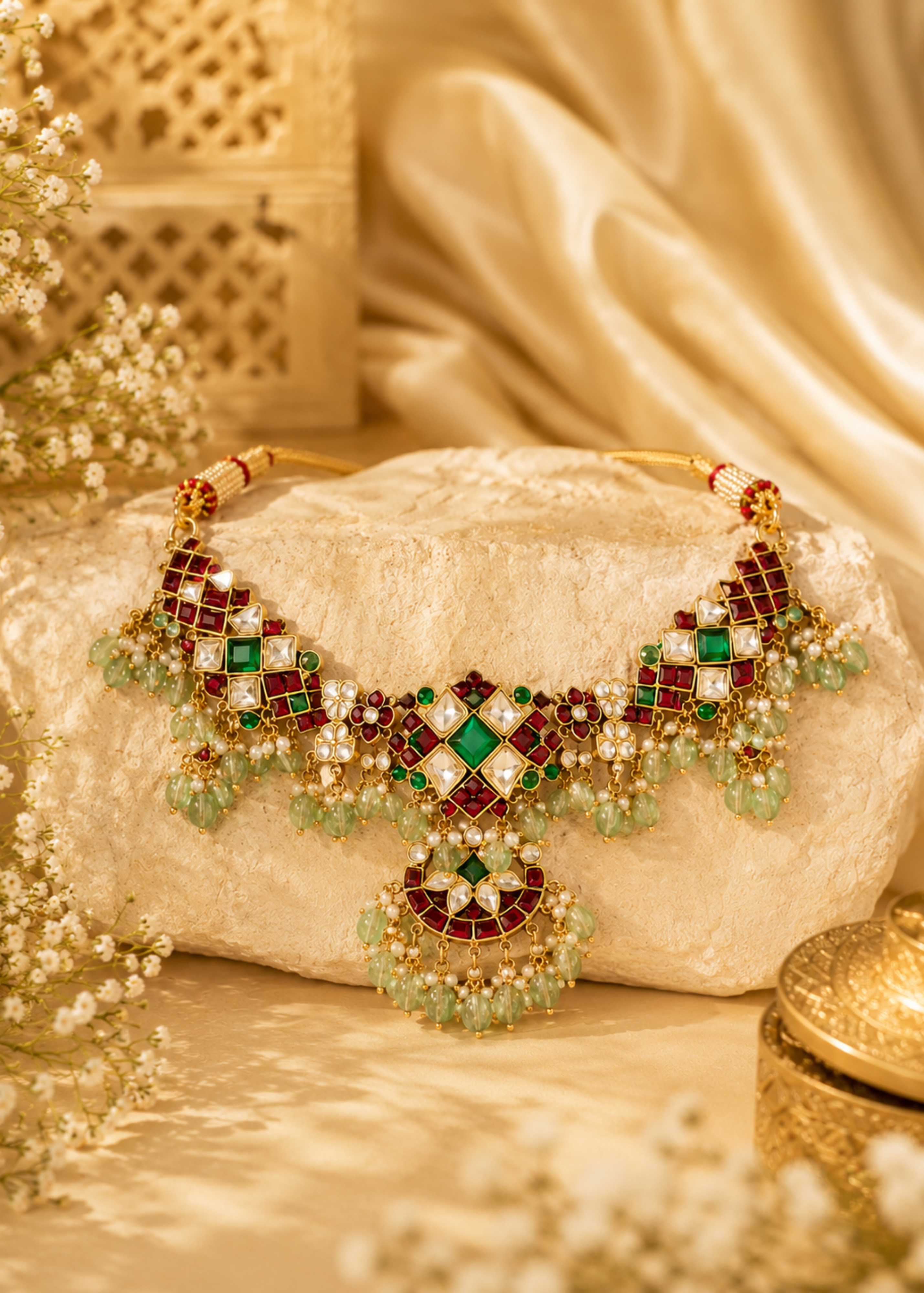Decorative necklace with green and red gemstones on a textured surface with flowers and a box in the background.