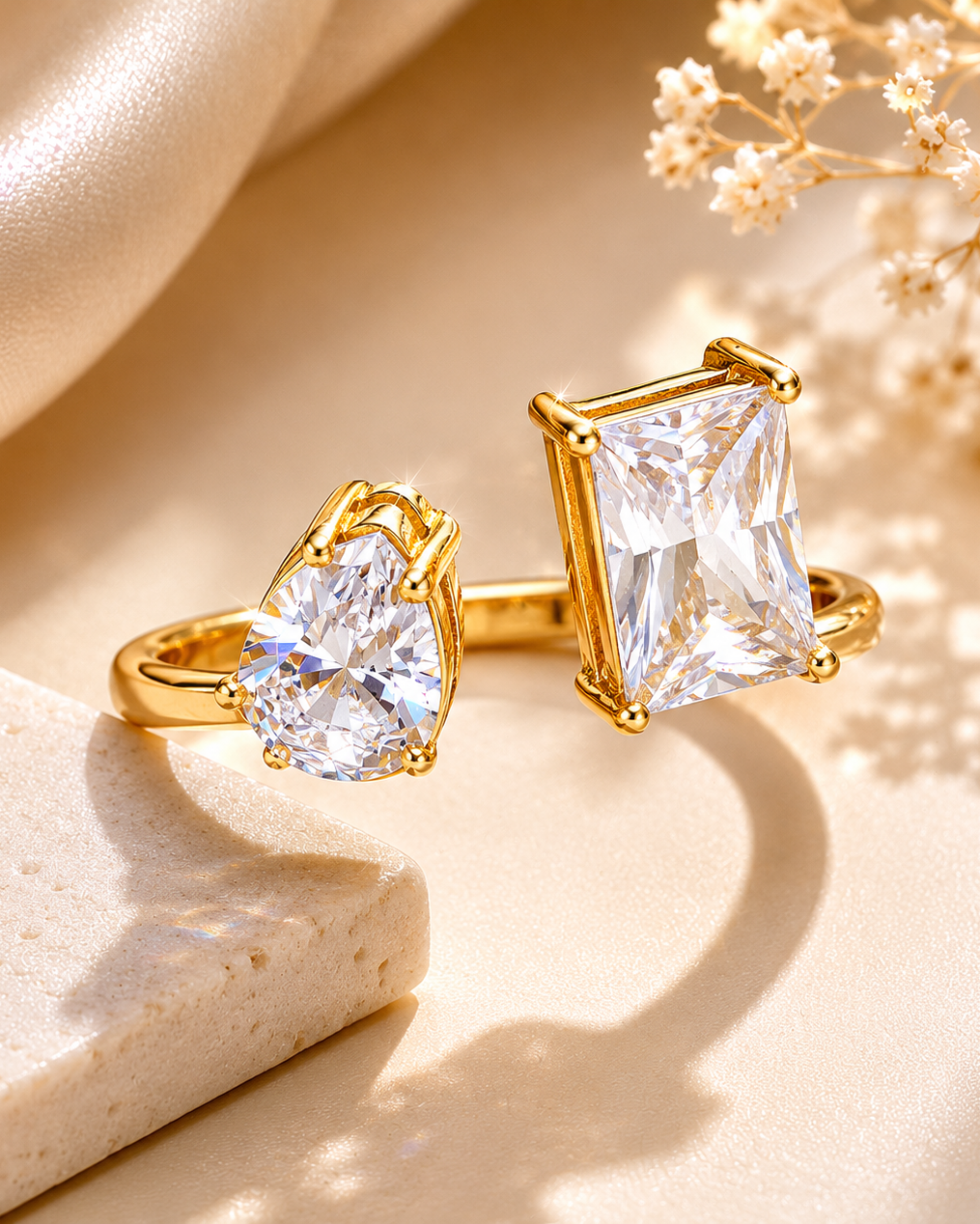 Gold earrings with clear gemstones on a beige surface with flowers
