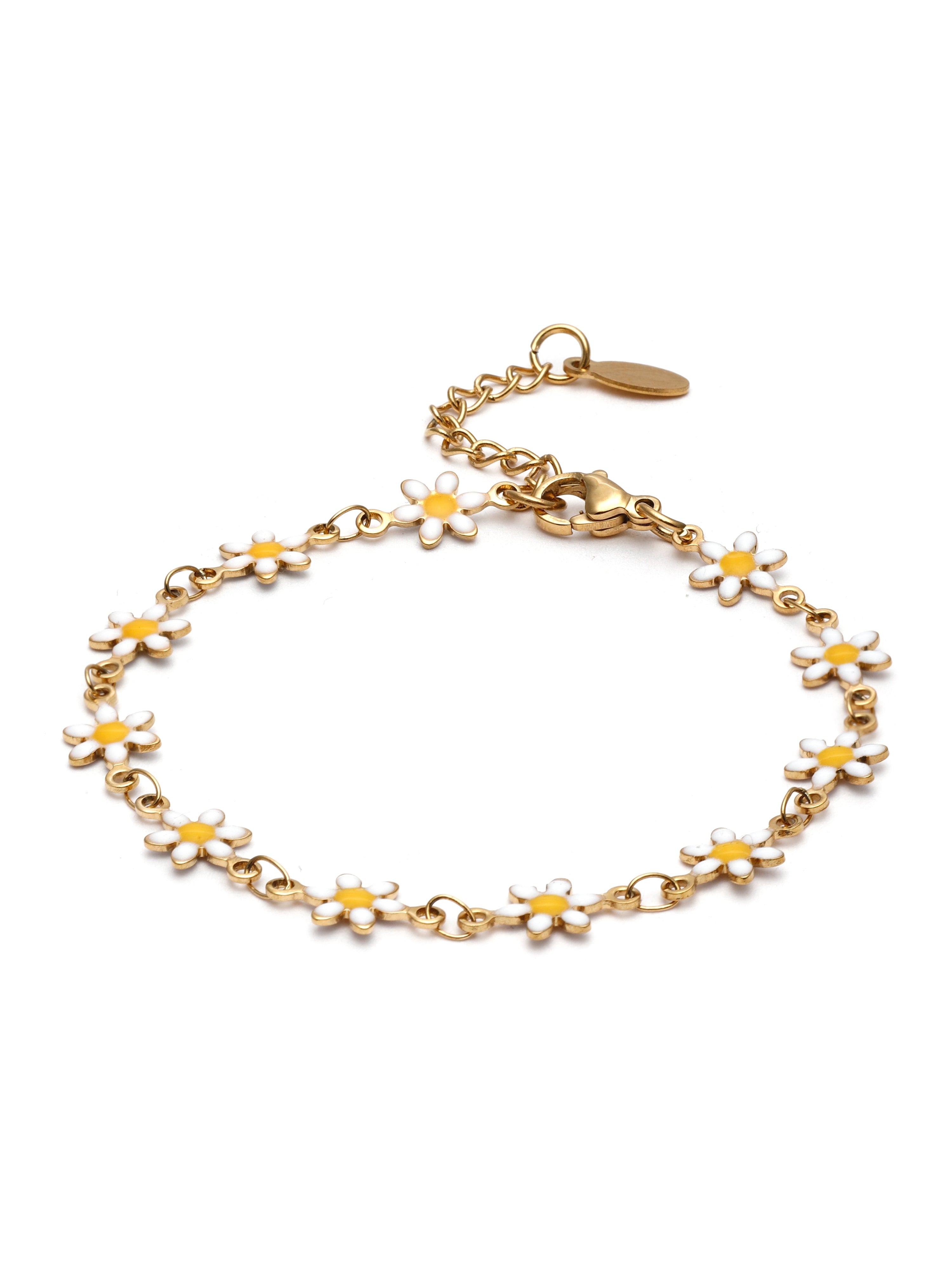 Gold bracelet with flower-shaped charms on a white background