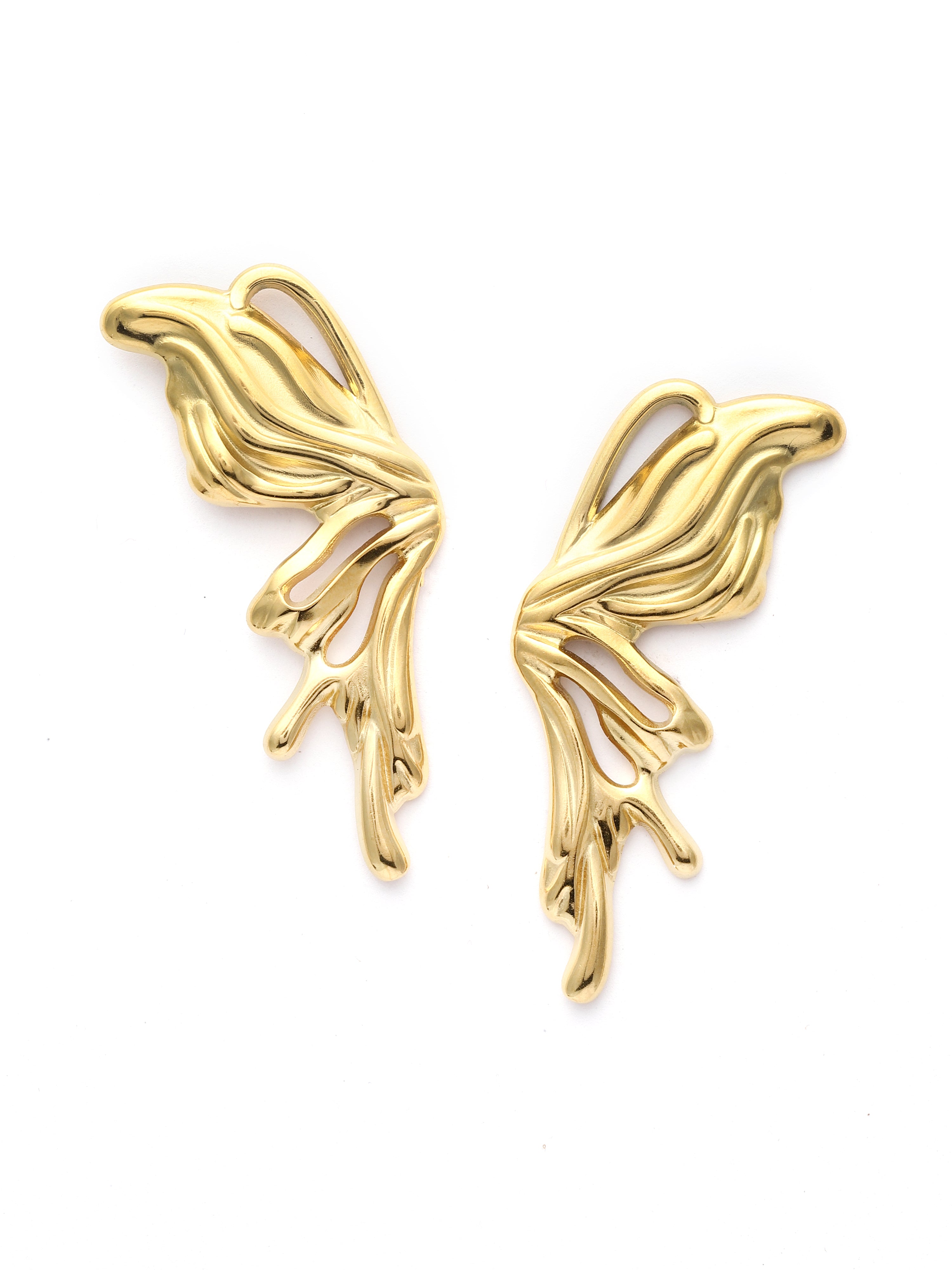 Gold butterfly-shaped earrings on a white background